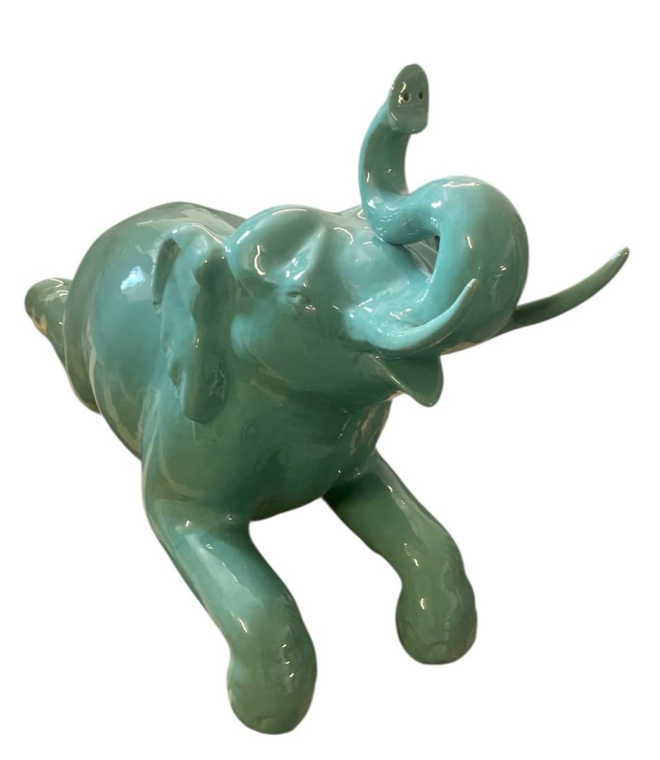 Large Vintage Italian Glazed Celadon Ceramic Reclining Elephant Sculpture - 5