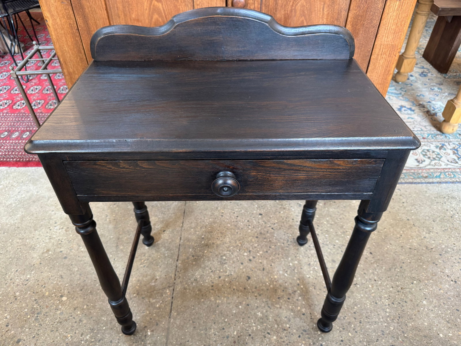 Vintage Ebonized Wood Side Table With Drawer & Gallery Back - 3
