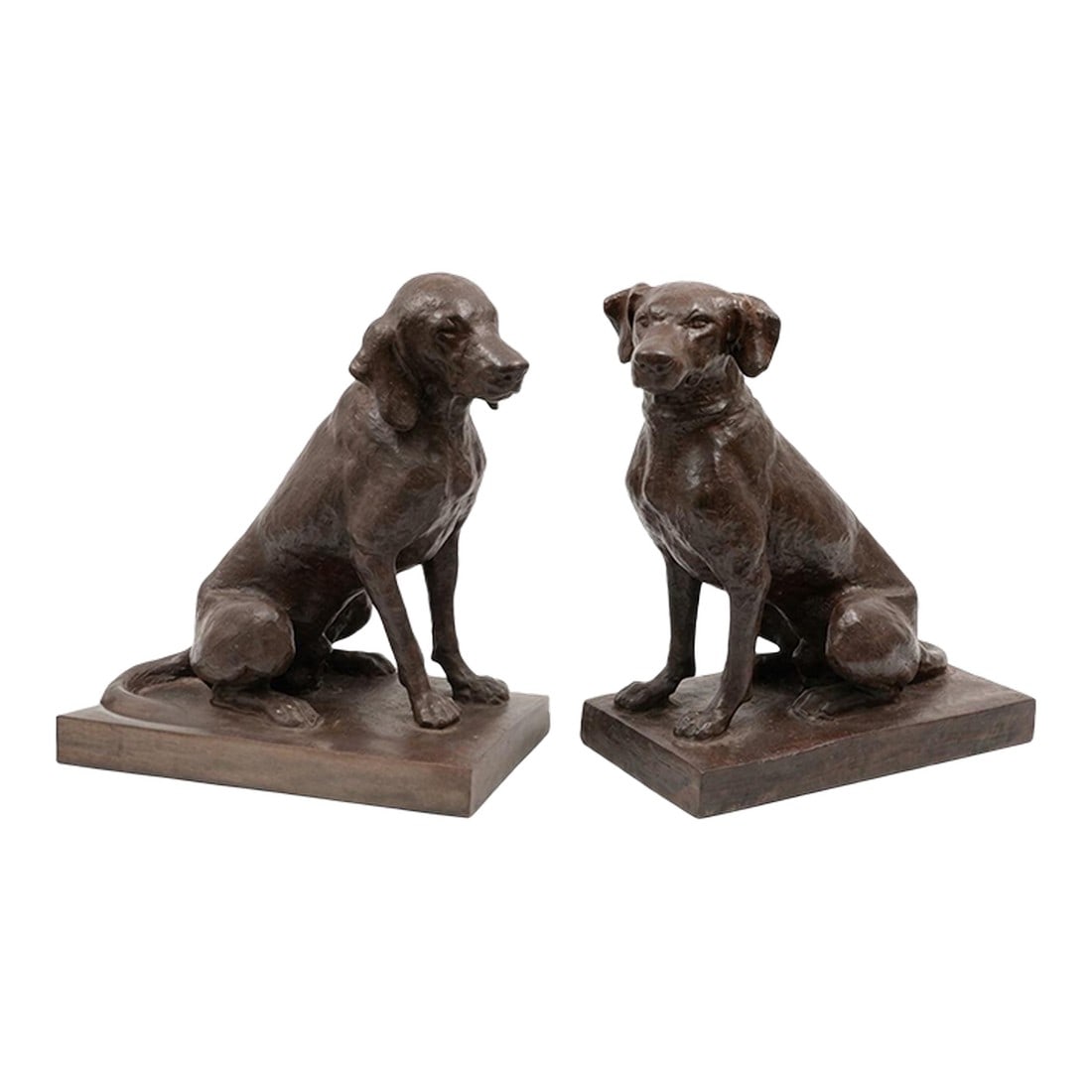 Pair of Vintage Cast Iron Seated Hound Statues: This impressive pair of life-sized cast iron sculptures features two seated hounds, standing at an imposing height of 29 inches. Captured in a moment of alert repose, each dog is depicted with