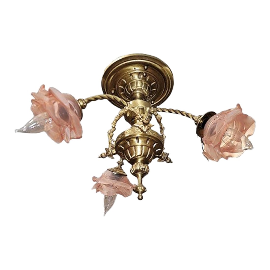 1920s French Gilt Gold Bronze Dore' Ceiling Chandelier: We found this delicate gold gilded bronze French ceiling fixture in Normandie and had our pro go throughout the light, wiring, finish etc. 3 frosted pink rose shades that urn champagne color when lit,