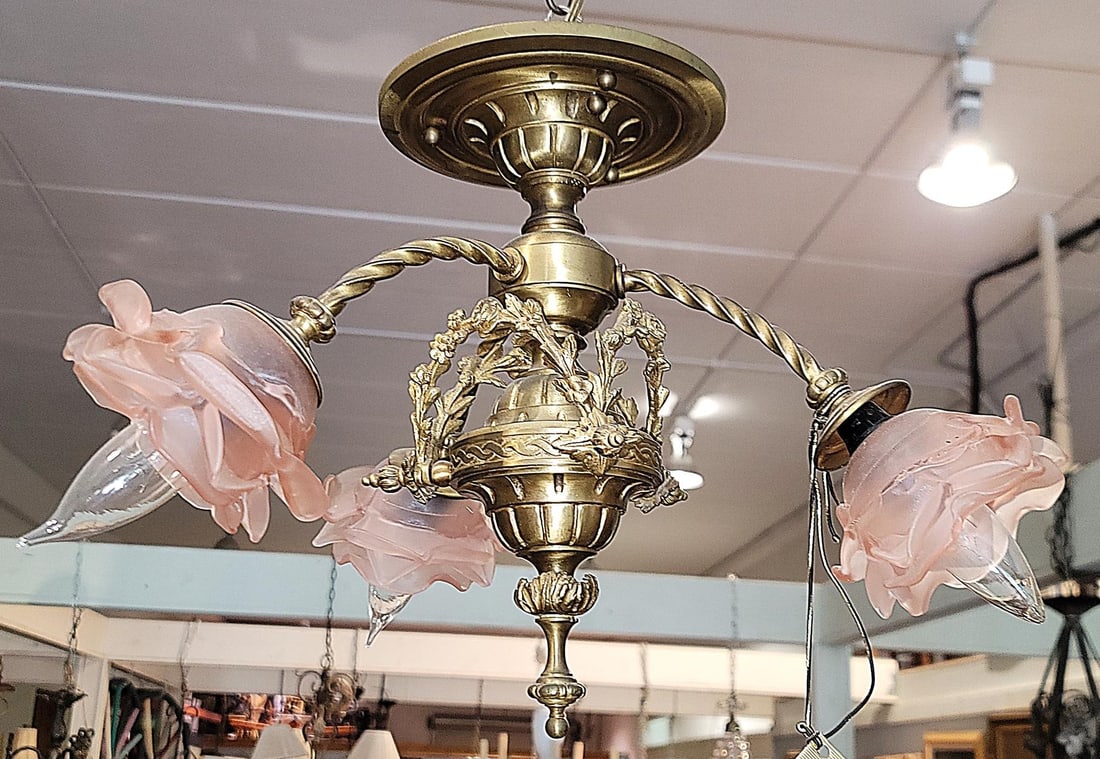 1920s French Gilt Gold Bronze Dore' Ceiling Chandelier - 3