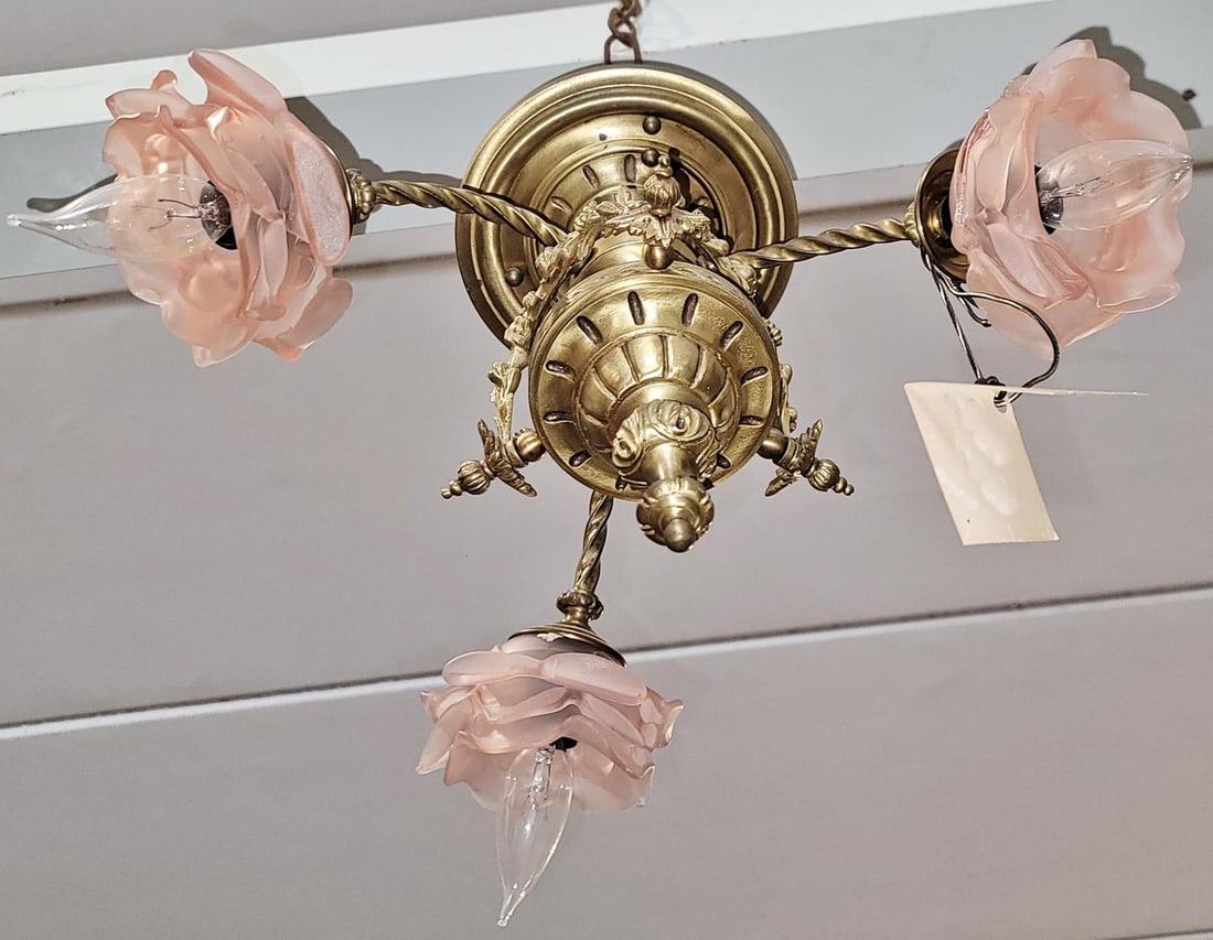 1920s French Gilt Gold Bronze Dore' Ceiling Chandelier - 4