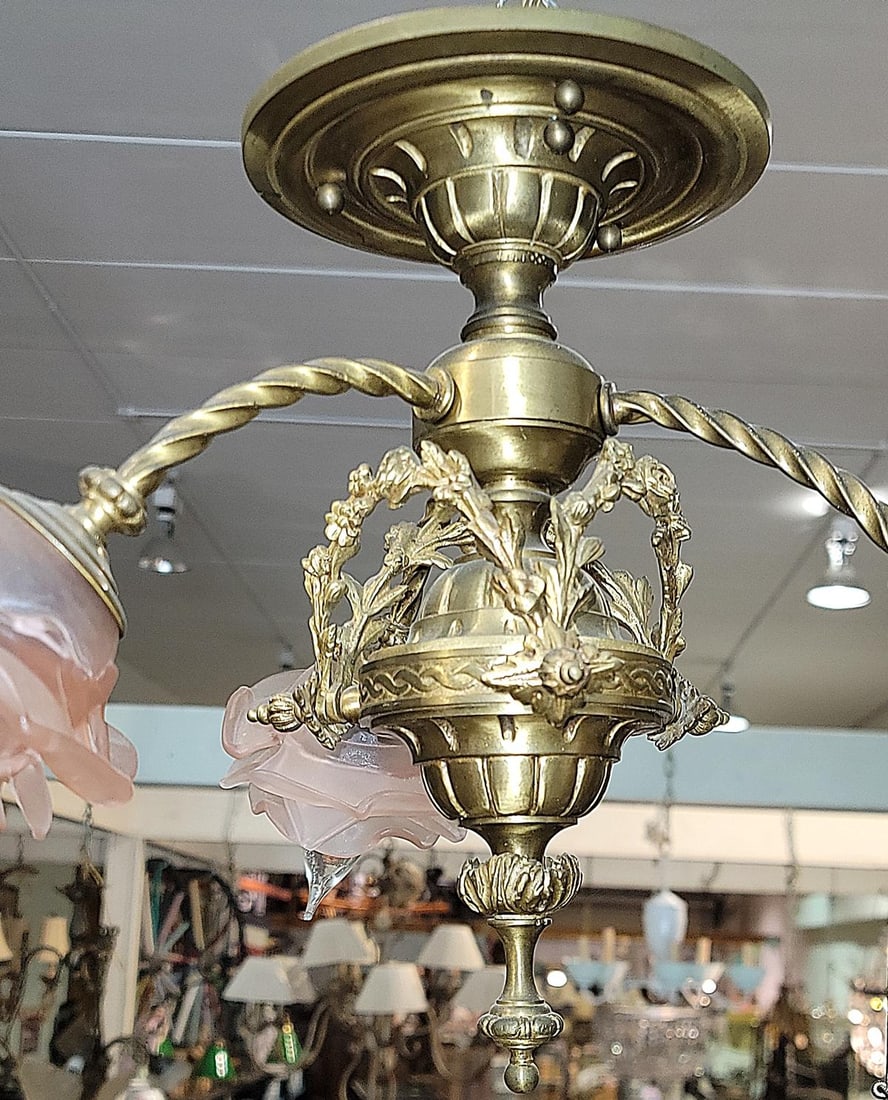 1920s French Gilt Gold Bronze Dore' Ceiling Chandelier - 5