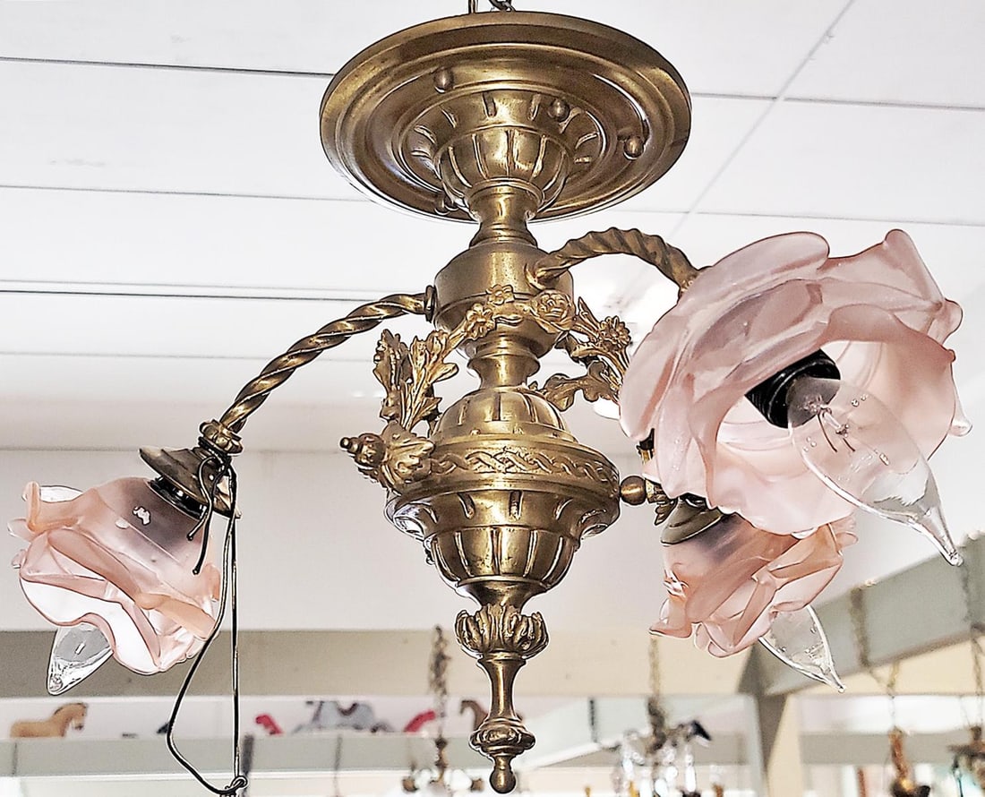 1920s French Gilt Gold Bronze Dore' Ceiling Chandelier - 7