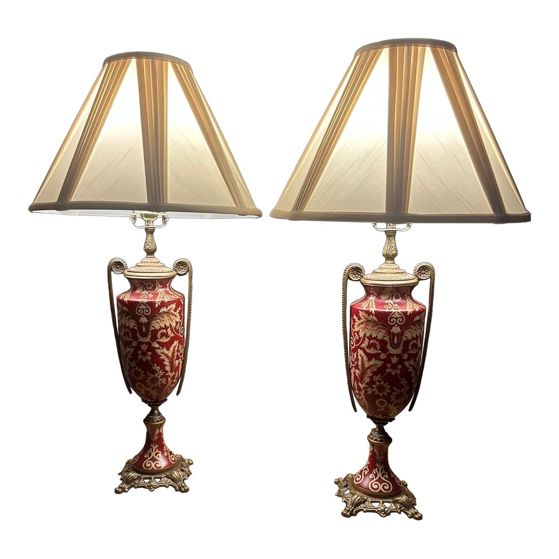 Pristine Mid 20th Century Japanese Moriage Porcelain & Brass Tall Lamps: This is a rare, Monumental pair of mid-century 32" table lamps. Feature exquisite Japanese Moriage Porcelain in a vibrant oxblood red. The urn-shaped bodies are decorated with intricate, hand-applied