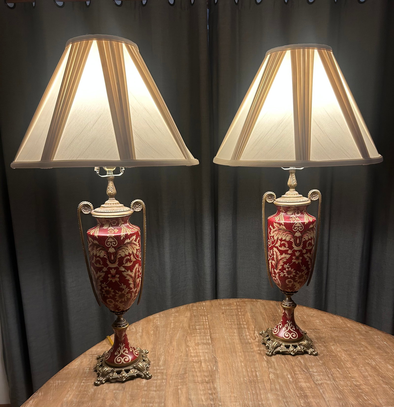 Pristine Mid 20th Century Japanese Moriage Porcelain & Brass Tall Lamps - 2