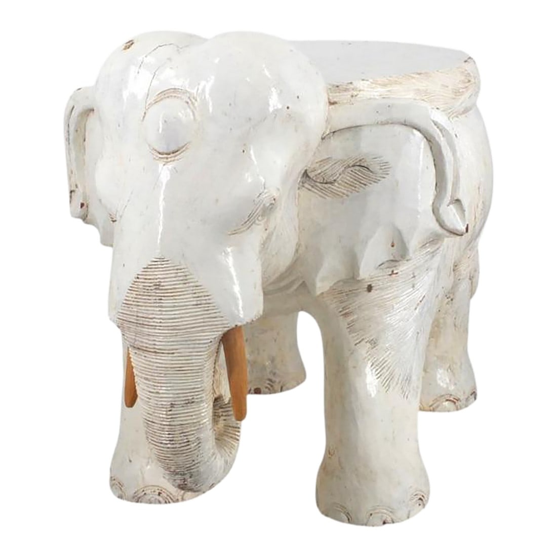 Vintage Carved & Painted Wood Elephant Garden Stool 16" High: This striking vintage garden stool or accent table is hand-carved from solid wood, featuring a majestic, full-bodied elephant in a classic standing pose. Finished in a distressed, creamy white lacquer