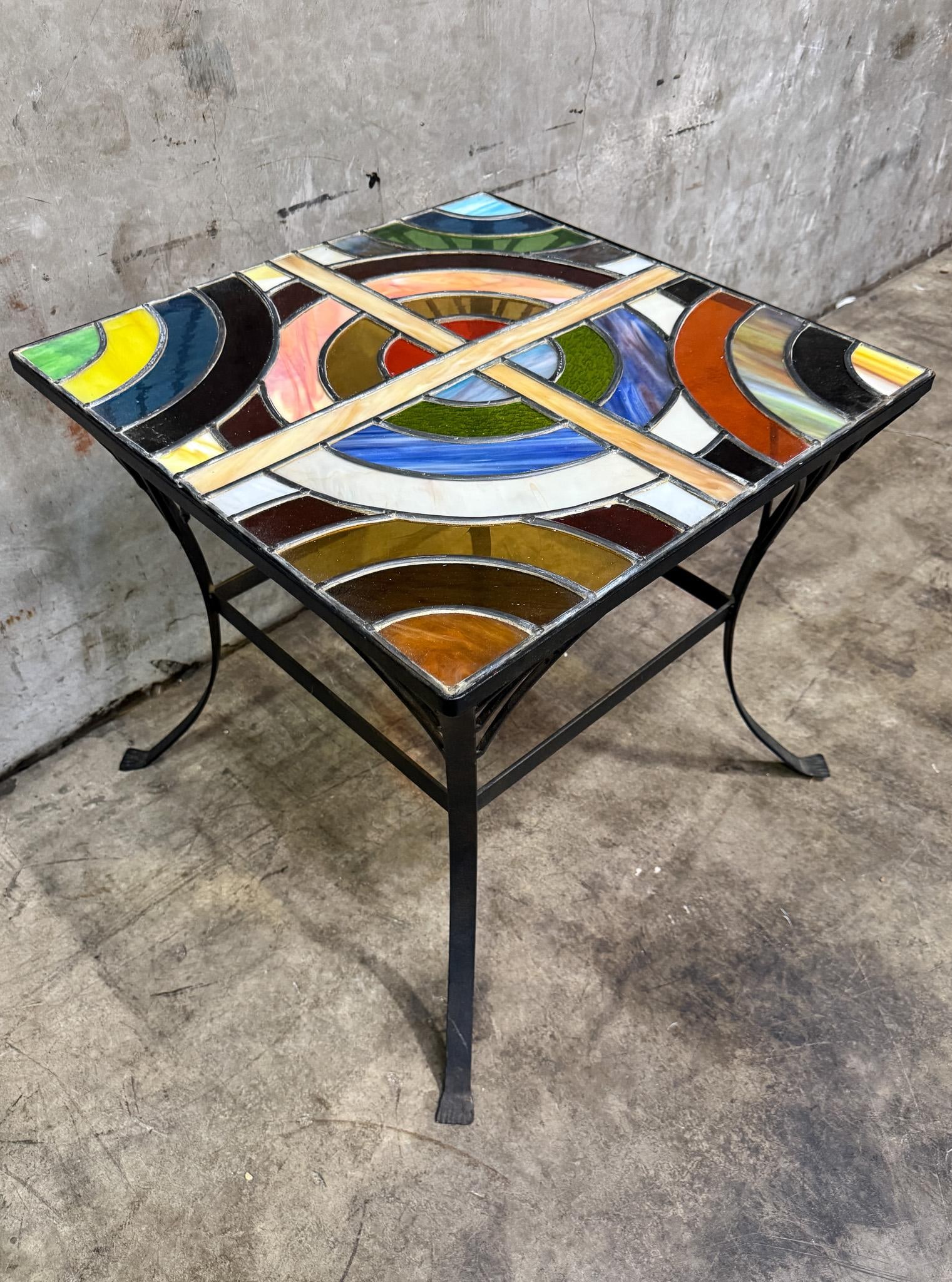 Vintage Stained Glass Side Table Wrought Iron Base Geometric Top - 2