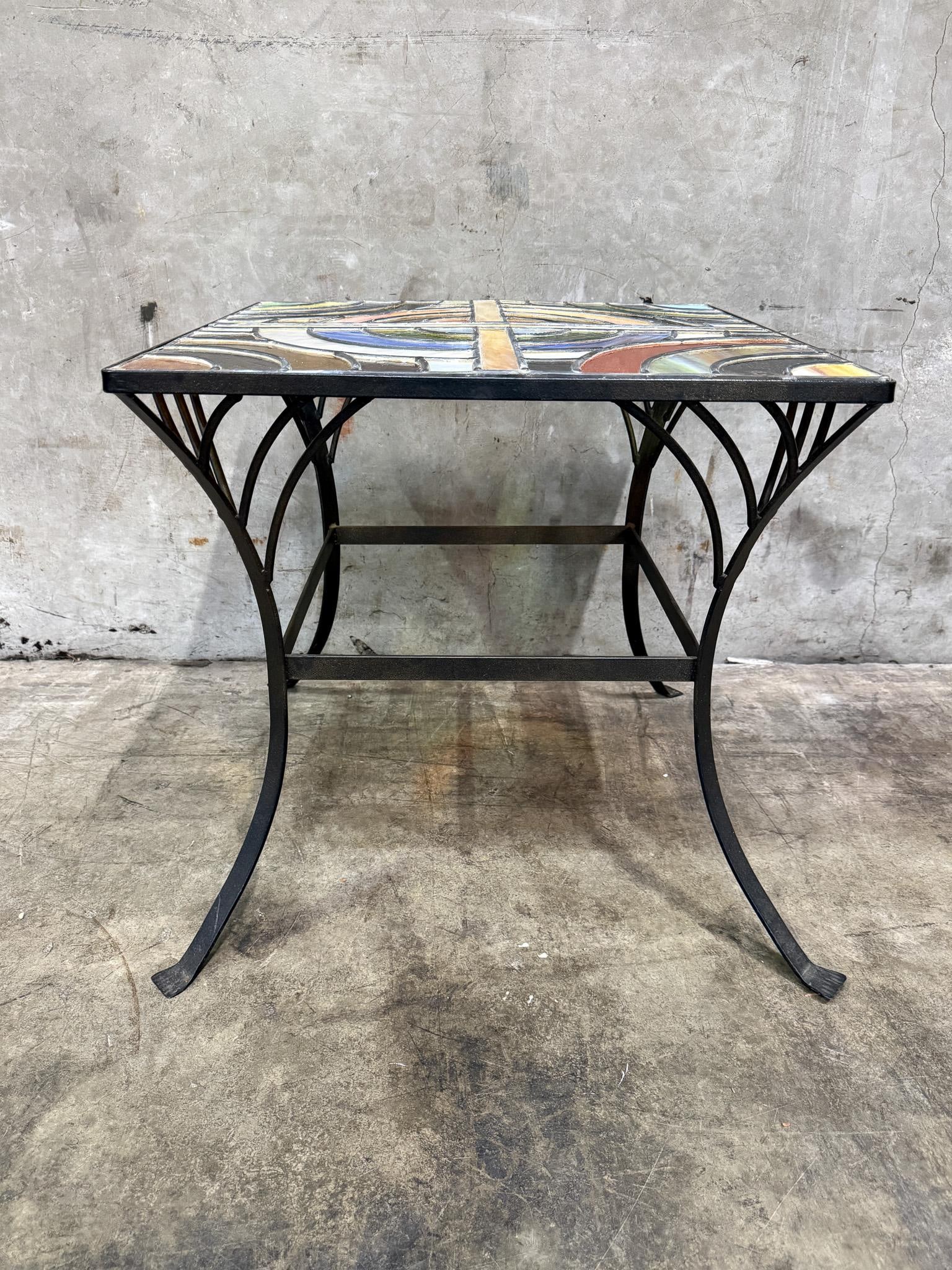Vintage Stained Glass Side Table Wrought Iron Base Geometric Top - 3