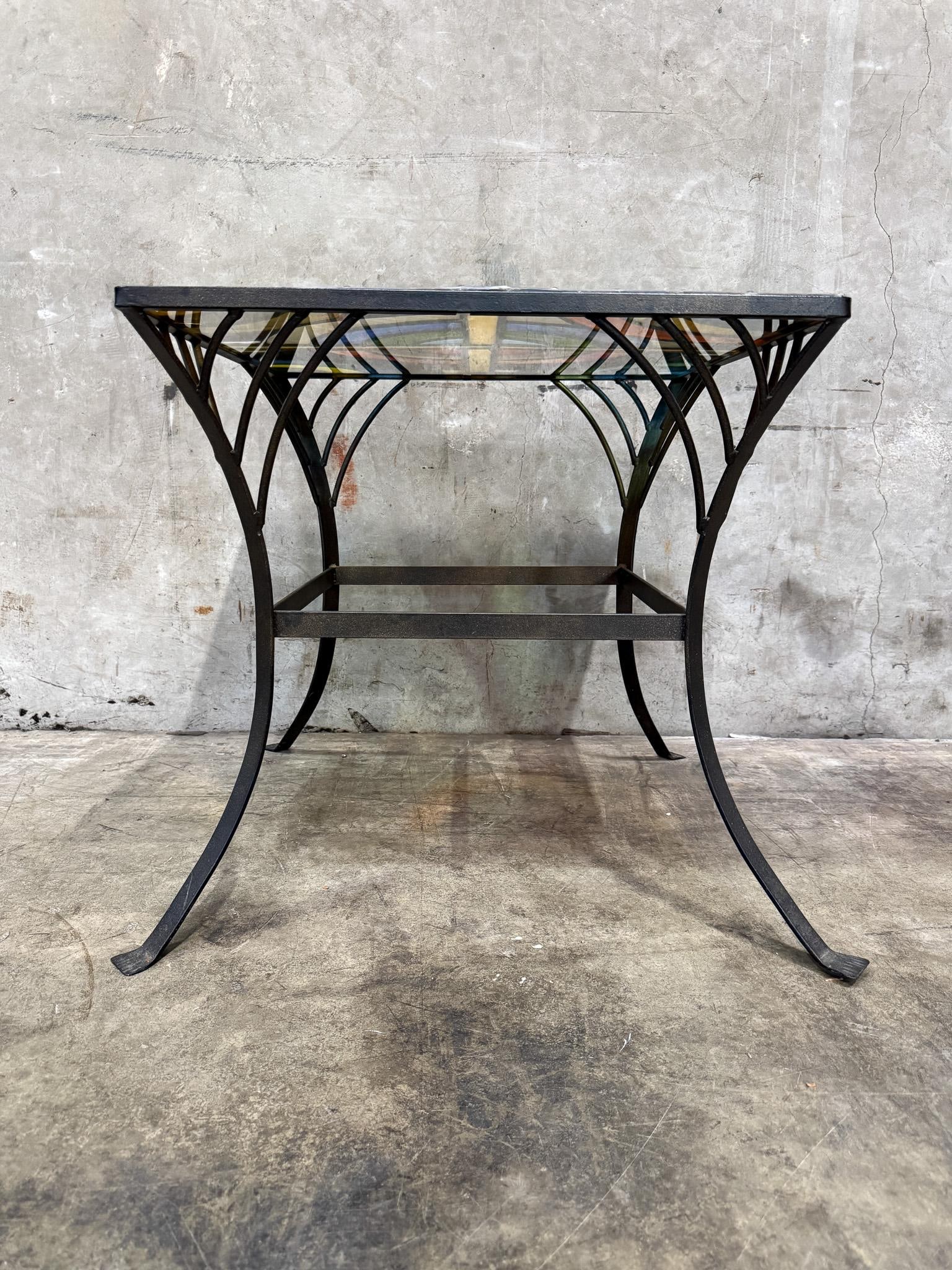Vintage Stained Glass Side Table Wrought Iron Base Geometric Top - 4
