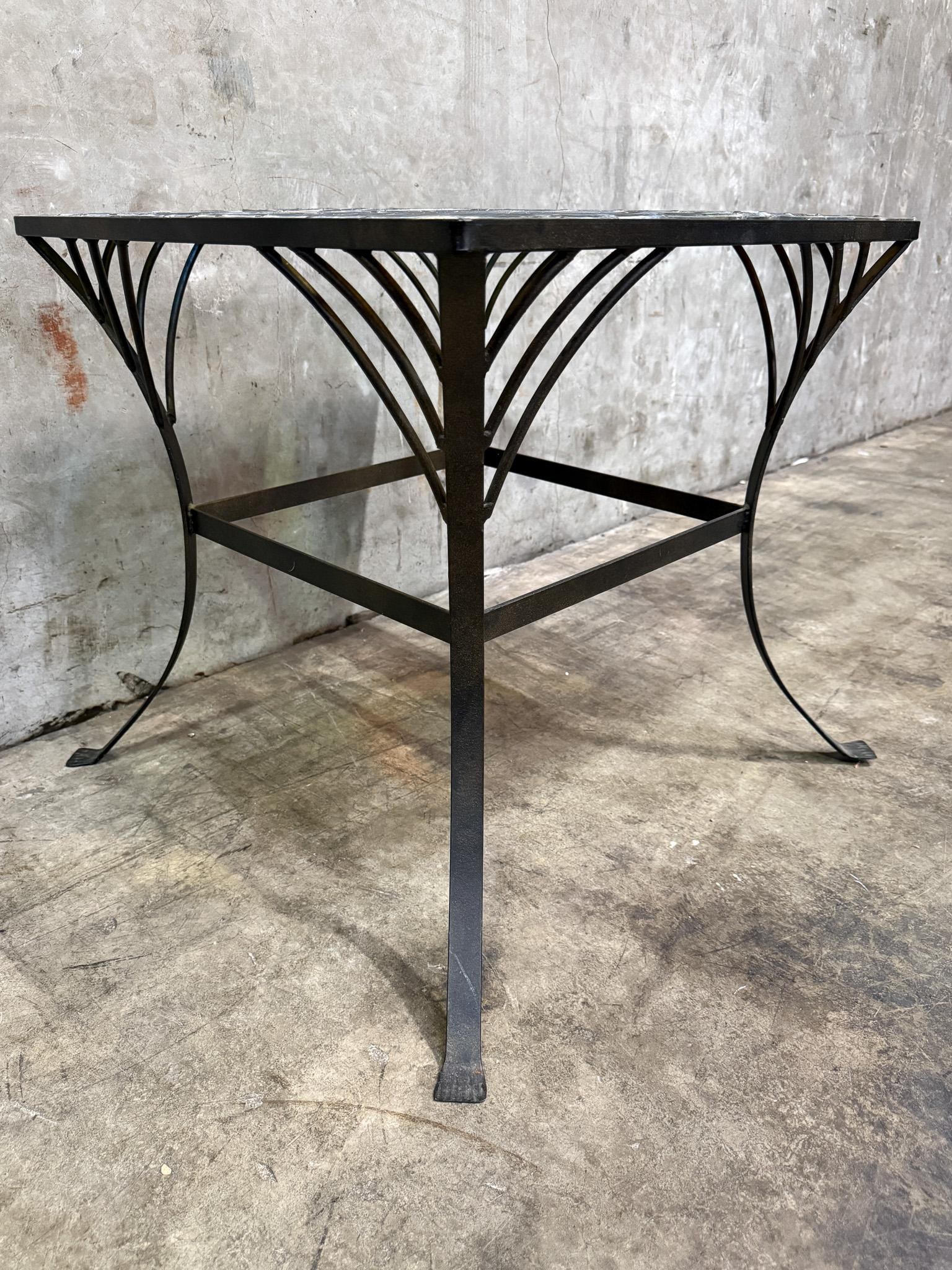 Vintage Stained Glass Side Table Wrought Iron Base Geometric Top - 5