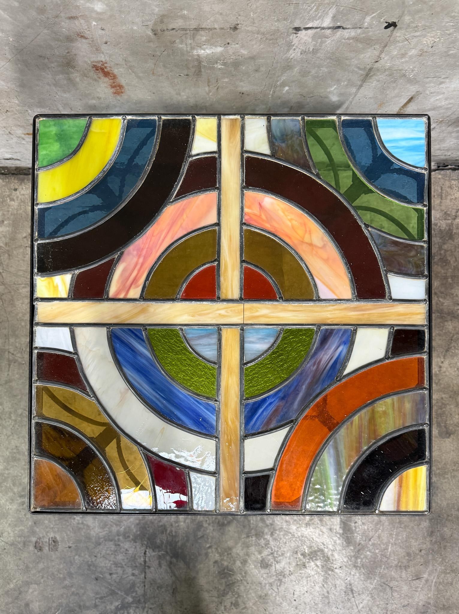 Vintage Stained Glass Side Table Wrought Iron Base Geometric Top - 6