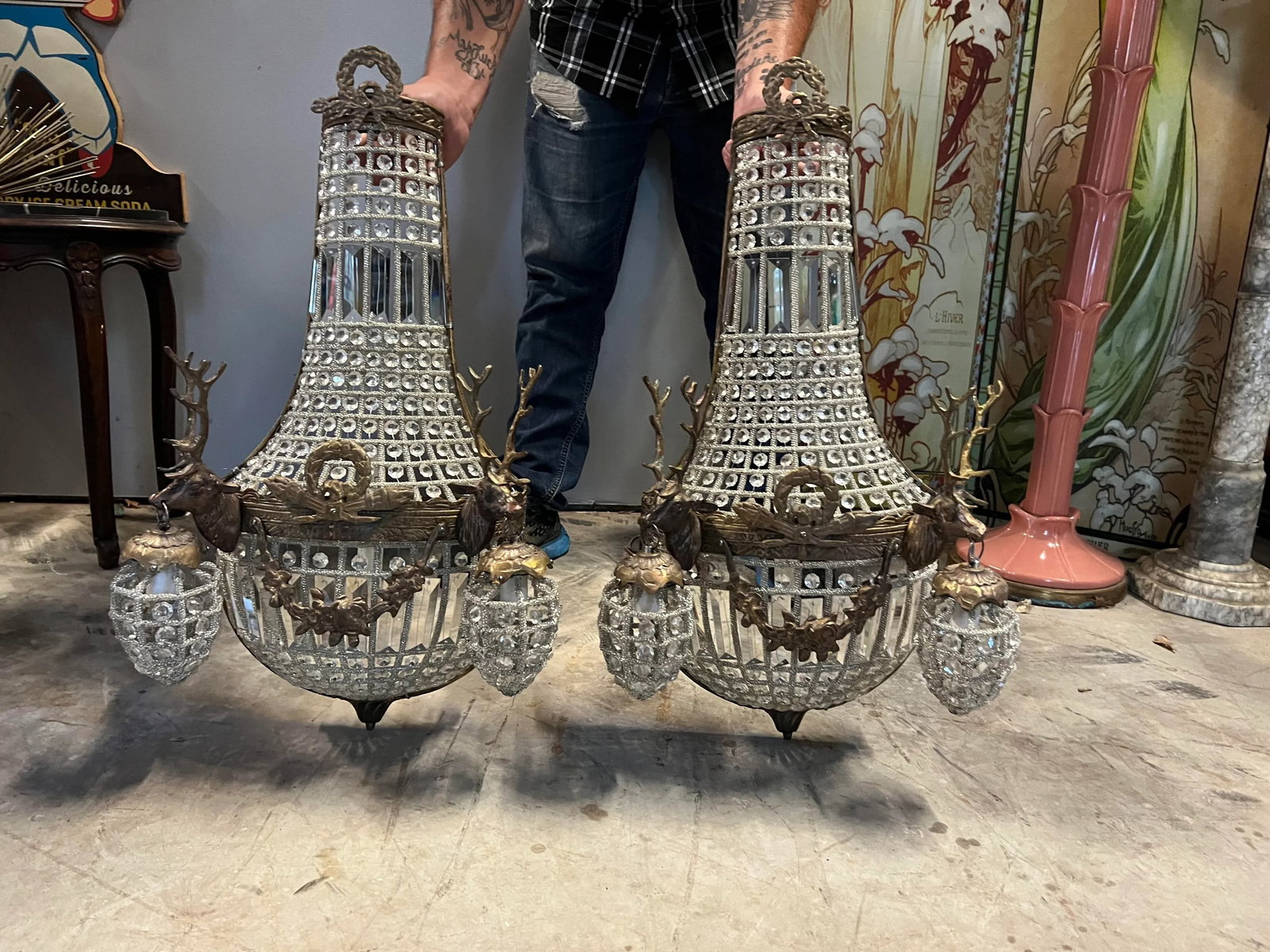 1990s Rustic Deer Head Bronze Sconces - a Pair - 9