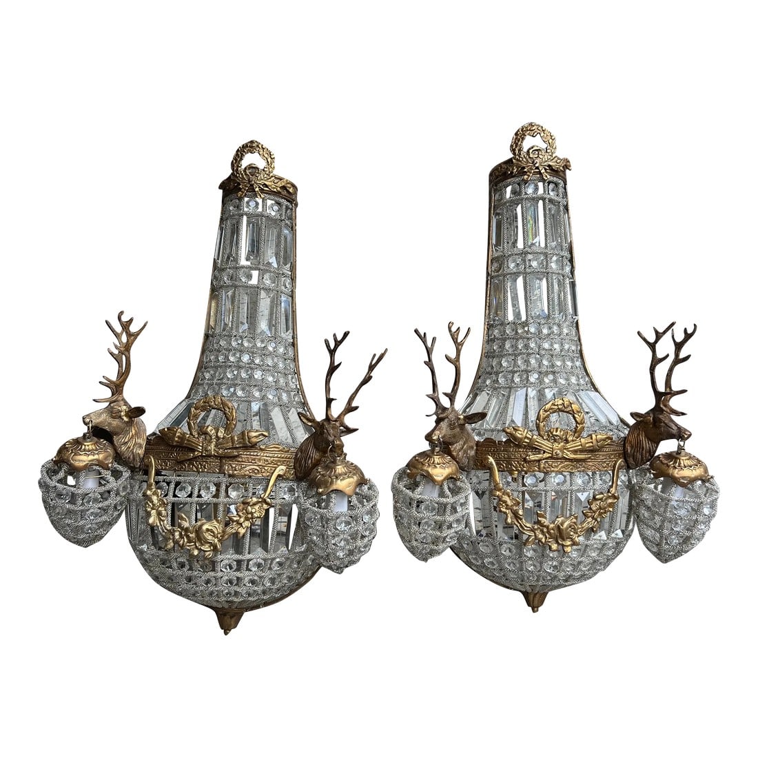 1980s Gold Deer Head Sconces - a Pair: Gorgeous deer head sconces in working condition and hard wired for your space. Flank a painting or hang as is. Perfect for the interior designer. Please check out my other listings. Condition: Alterat