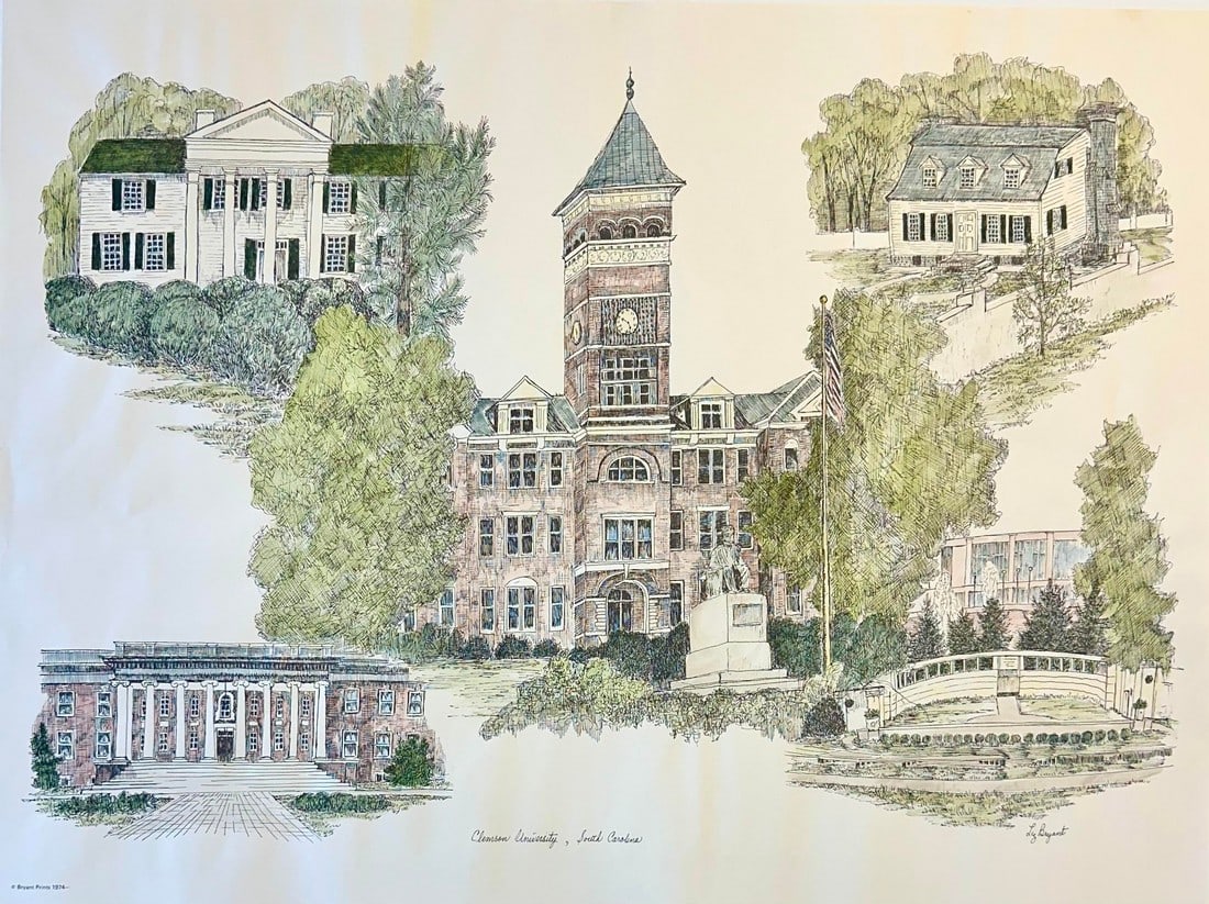 1980s Clemson University Campus Print by Liz Bryant – Hand-Colored Architectural Illustration,: A charming late 20th-century hand-colored architectural print by artist Liz Bryant, depicting a collection of notable campus buildings at Clemson University (South Carolina). Rendered in a delicate