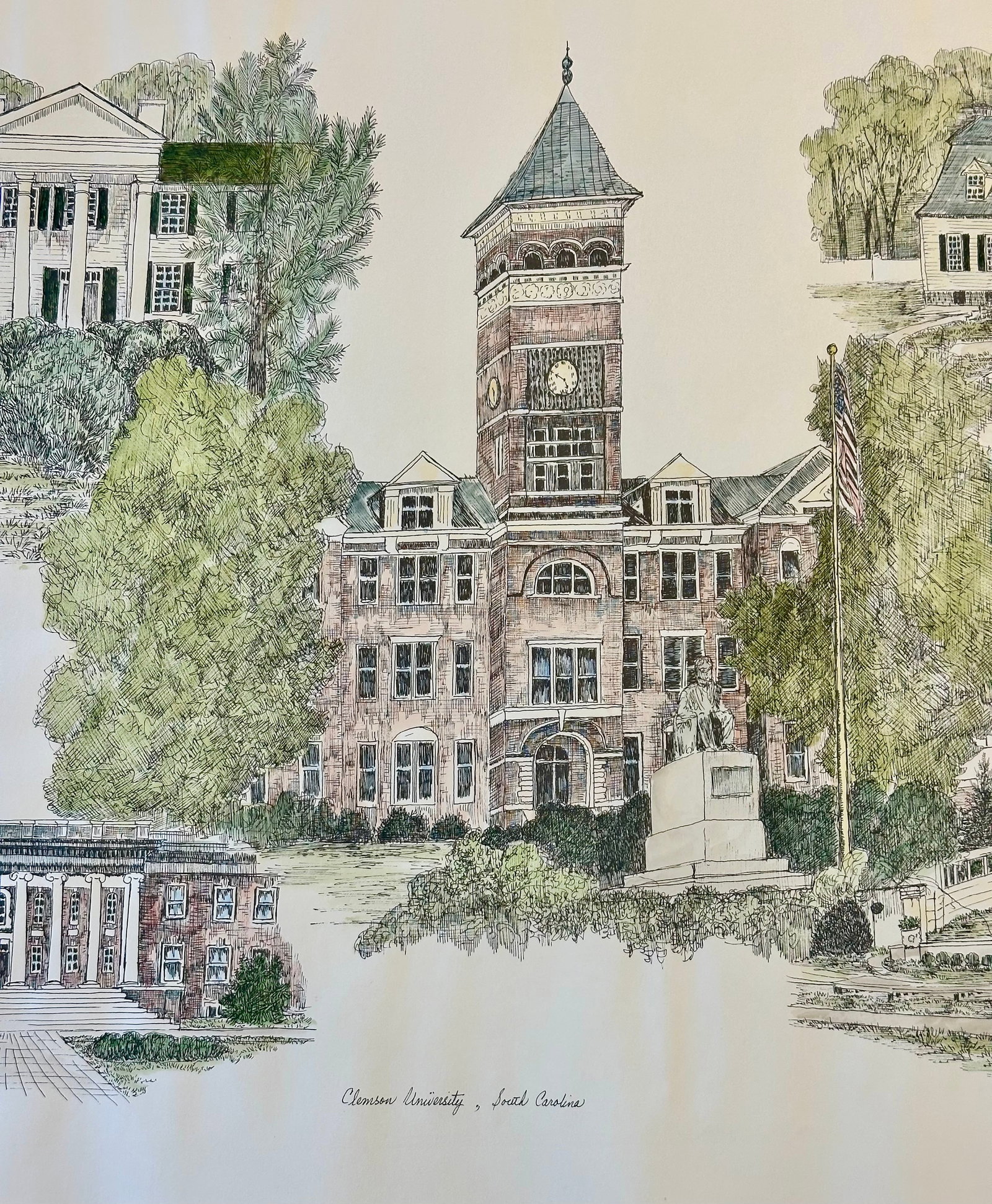 1980s Clemson University Campus Print by Liz Bryant – Hand-Colored Architectural Illustration, - 2