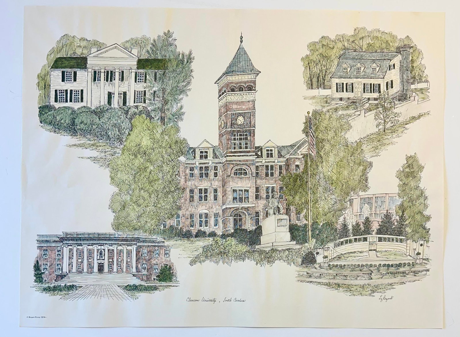 1980s Clemson University Campus Print by Liz Bryant – Hand-Colored Architectural Illustration, - 3