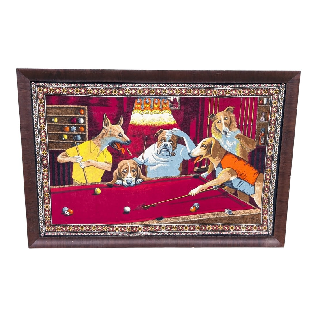 1970s "Dogs Playing Pool" Tapestry Wall Hanging by Arthur Sarnoff: Whimsical framed tapestry out of Turkey by Arthur Sarnoff. Frame has some chips. No glass in frame. Condition: Alterations: Original Condition Unaltered Imperfections: Some Imperfections Condition