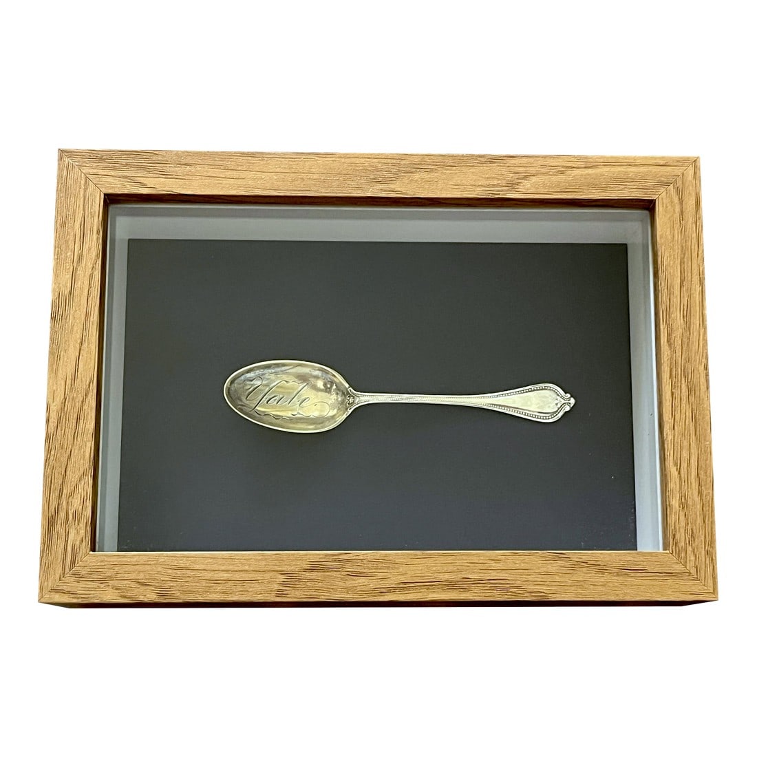 Antique 19th-Century Sterling Silver Spoon Hand Engraved "Yale" Spoon in Custom Birchwood Shadow: A beautifully presented antique 19th-century sterling silver teaspoon, hand-engraved "Yale" in flowing script. This intimate and personal object once belonged to a Yale graduate is now reimagined as s