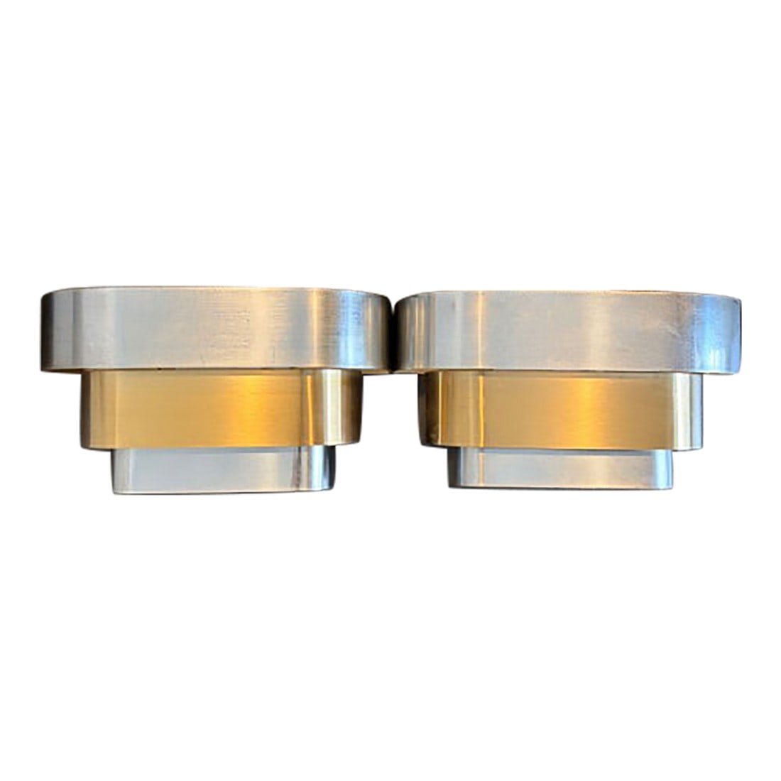 Vintage 1970s Italian Space Age Tiered Stilnovo Style Wall Sconce – a Pair: A sculptural vintage wall sconce from the 1970s, featuring a sophisticated, architectural "waterfall" design, these fixtures showcase the iconic mixed-metal aesthetic of the Space Age, Mid-Century