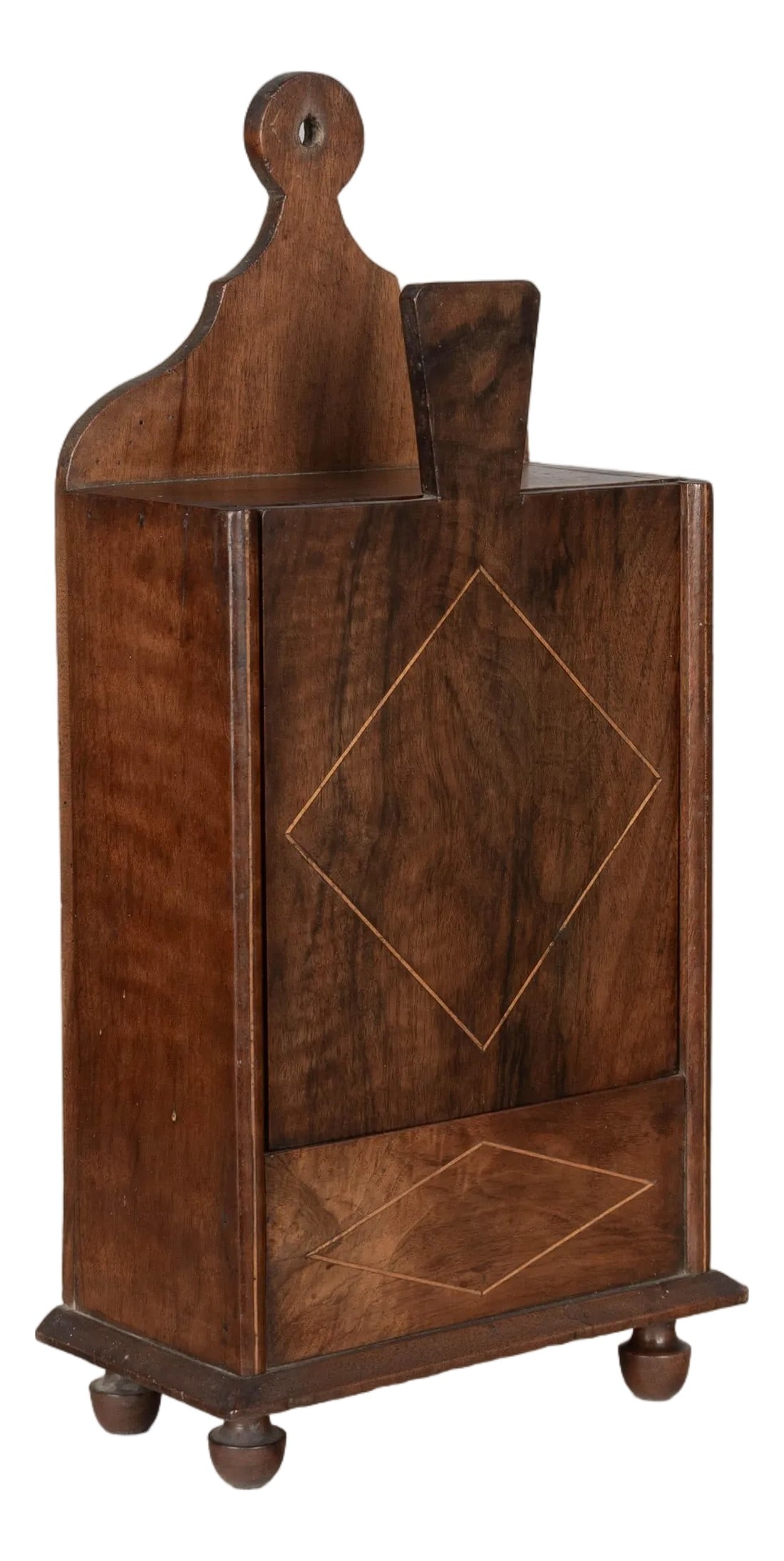 19th Century French Decorative Box or Fariniere: A 19th century French fariniere, made of walnut with marquetry inlaid detail and turned feet. Good craftsmanship. Back right foot replaced. From Provence, a boÃ®te Ã farinièr