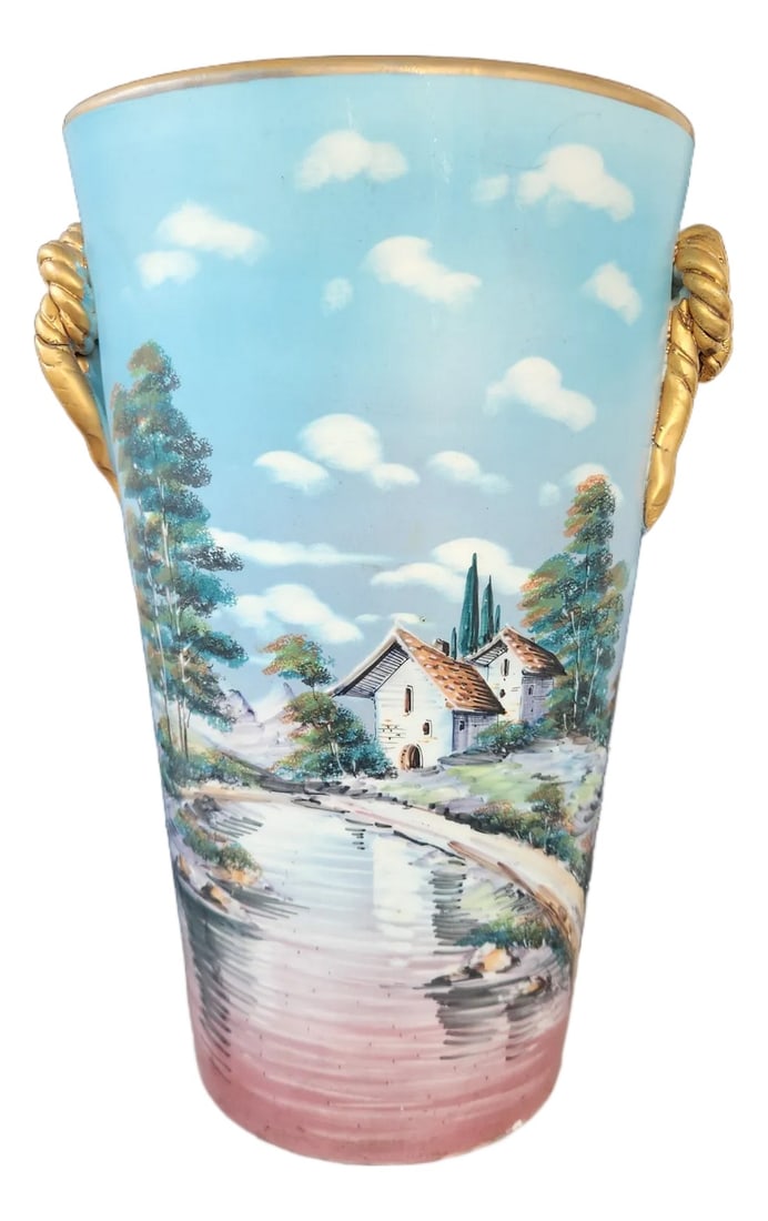 Vintage Hand-Painted Ceramic Umbrella Stand / Floor Vase: A charming vintage hand-painted ceramic umbrella stand or floor vase in an elegant oval form, decorated with romantic scenic landscapes and finished with gilt rope-form handles. One side features a