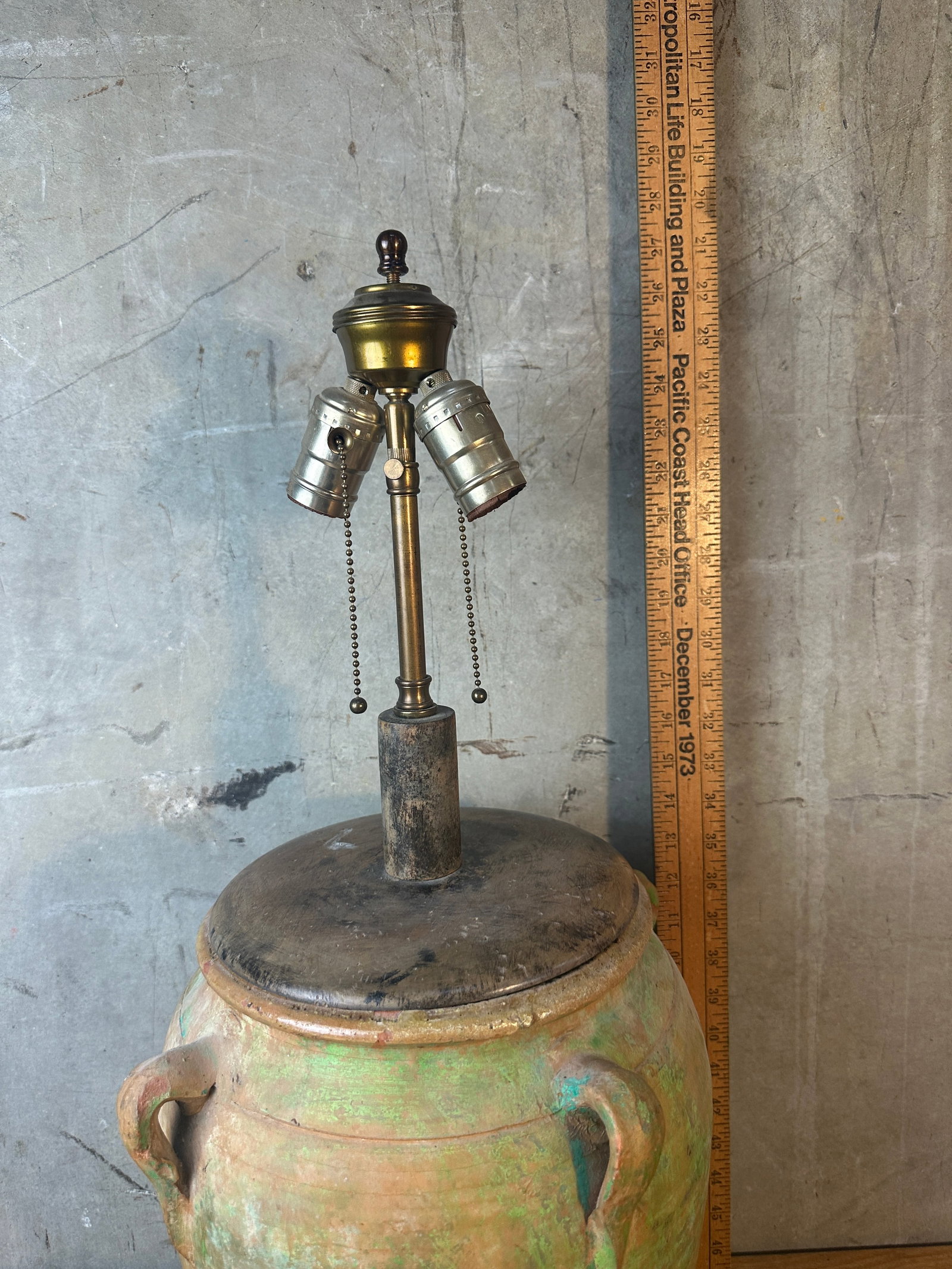 Vintage Rustic Terracotta Olive Jar Table Lamp Green Patina Wood Base - 10