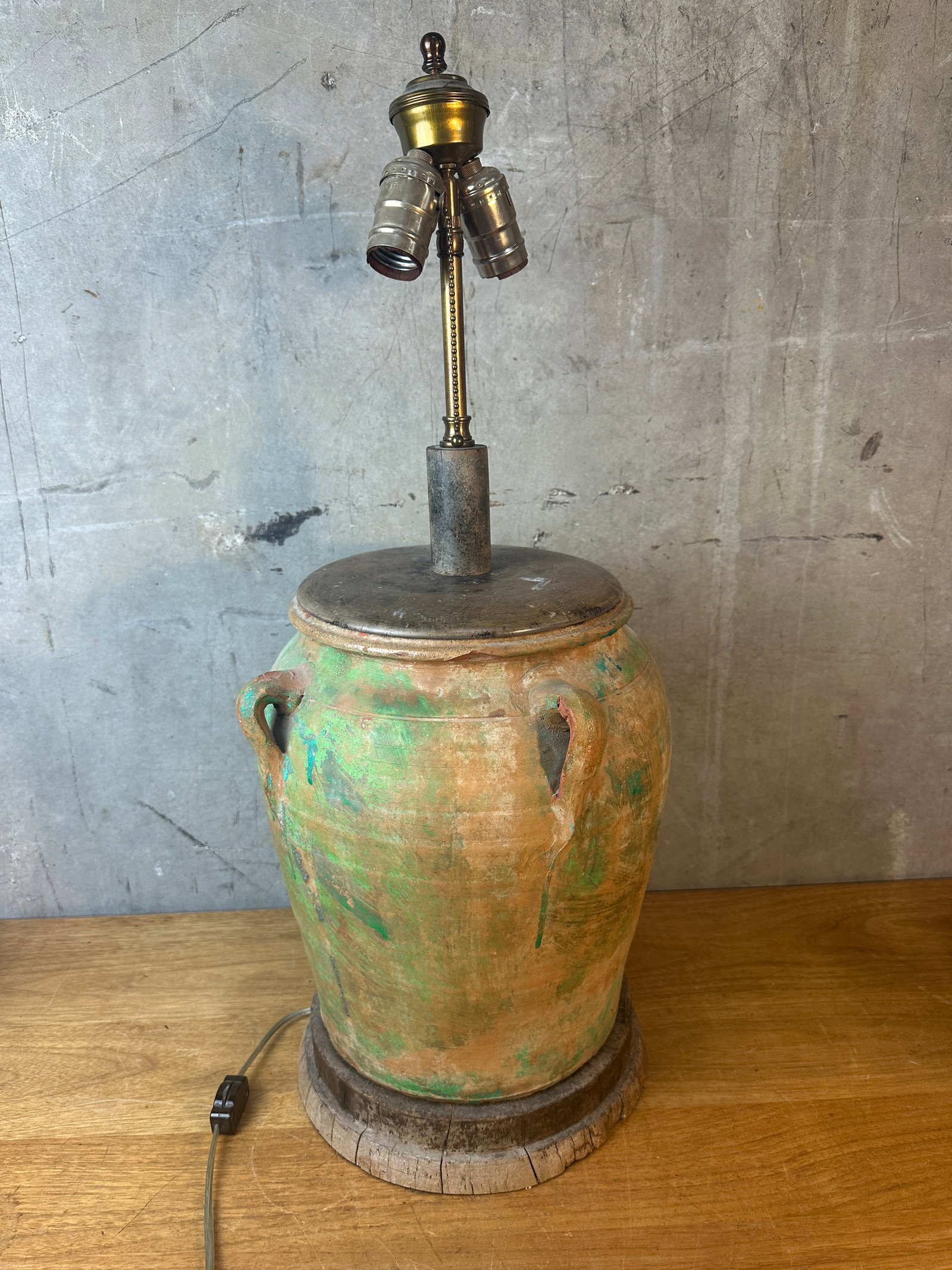Vintage Rustic Terracotta Olive Jar Table Lamp Green Patina Wood Base - 11