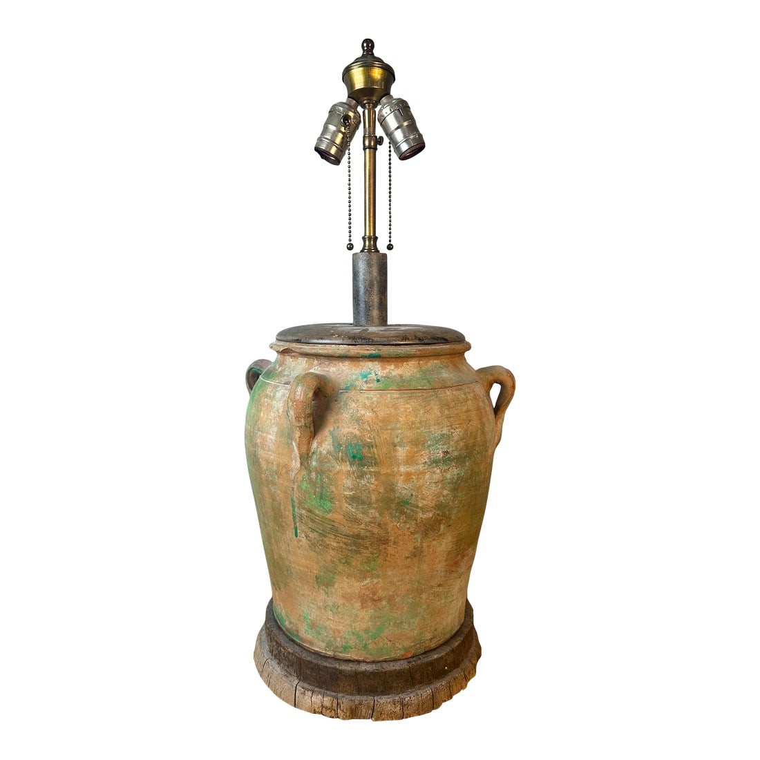 Vintage Rustic Terracotta Olive Jar Table Lamp Green Patina Wood Base: This is a striking, heavy table lamp created from a repurposed vintage or antique terracotta olive jar (or confit pot). With its incredibly earthy, weathered green patina and substantial wooden base,