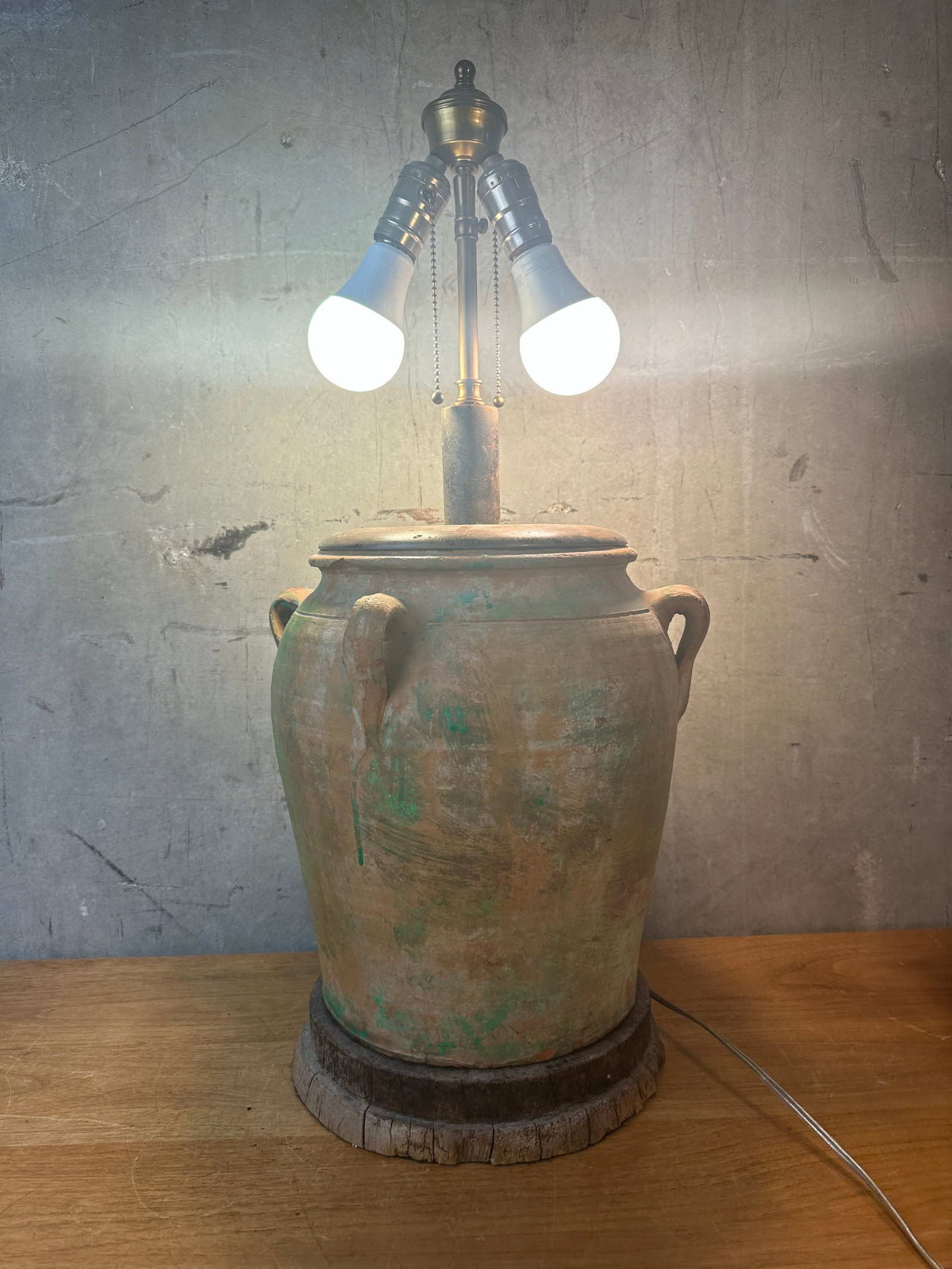 Vintage Rustic Terracotta Olive Jar Table Lamp Green Patina Wood Base - 2