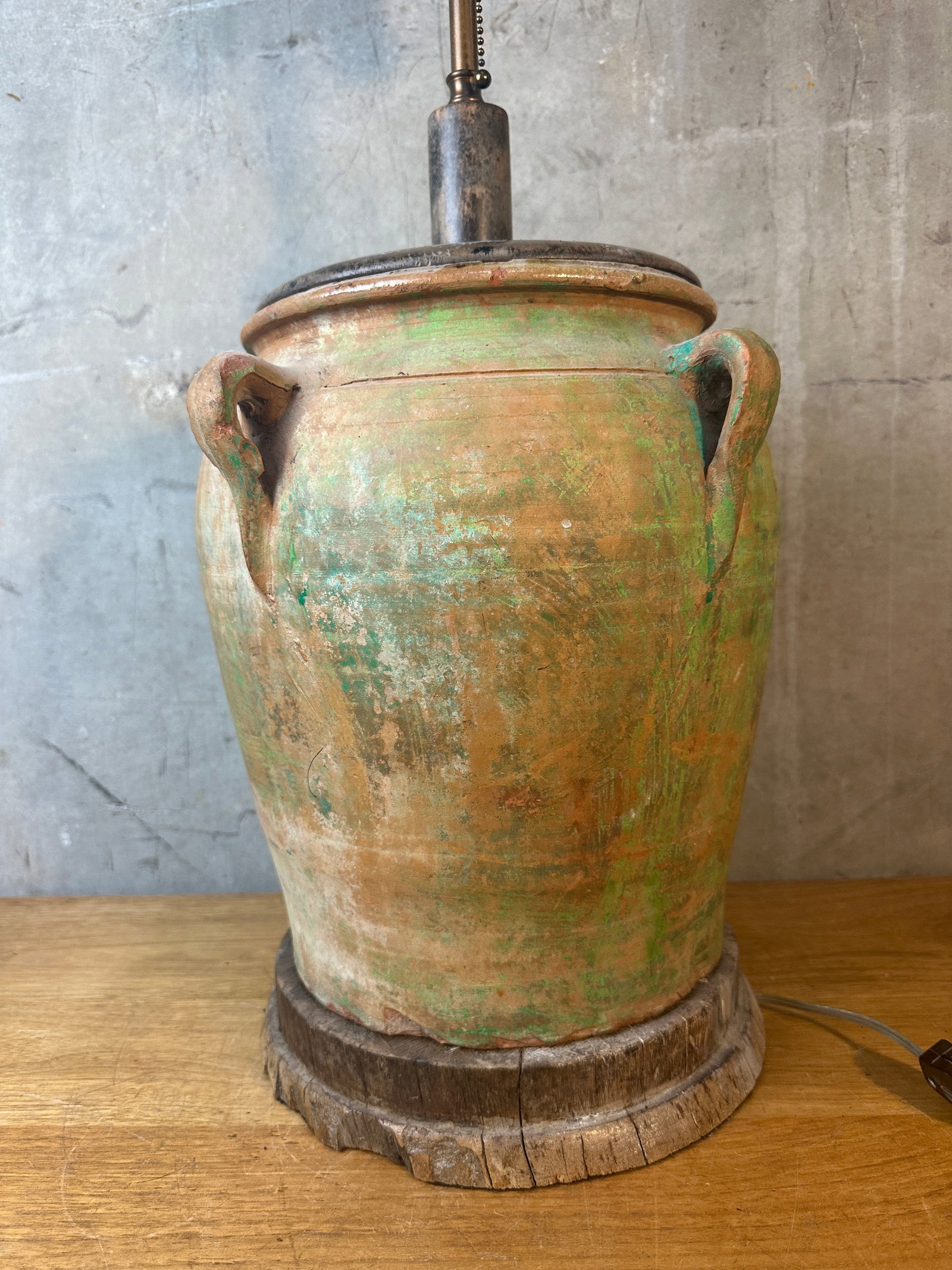 Vintage Rustic Terracotta Olive Jar Table Lamp Green Patina Wood Base - 3