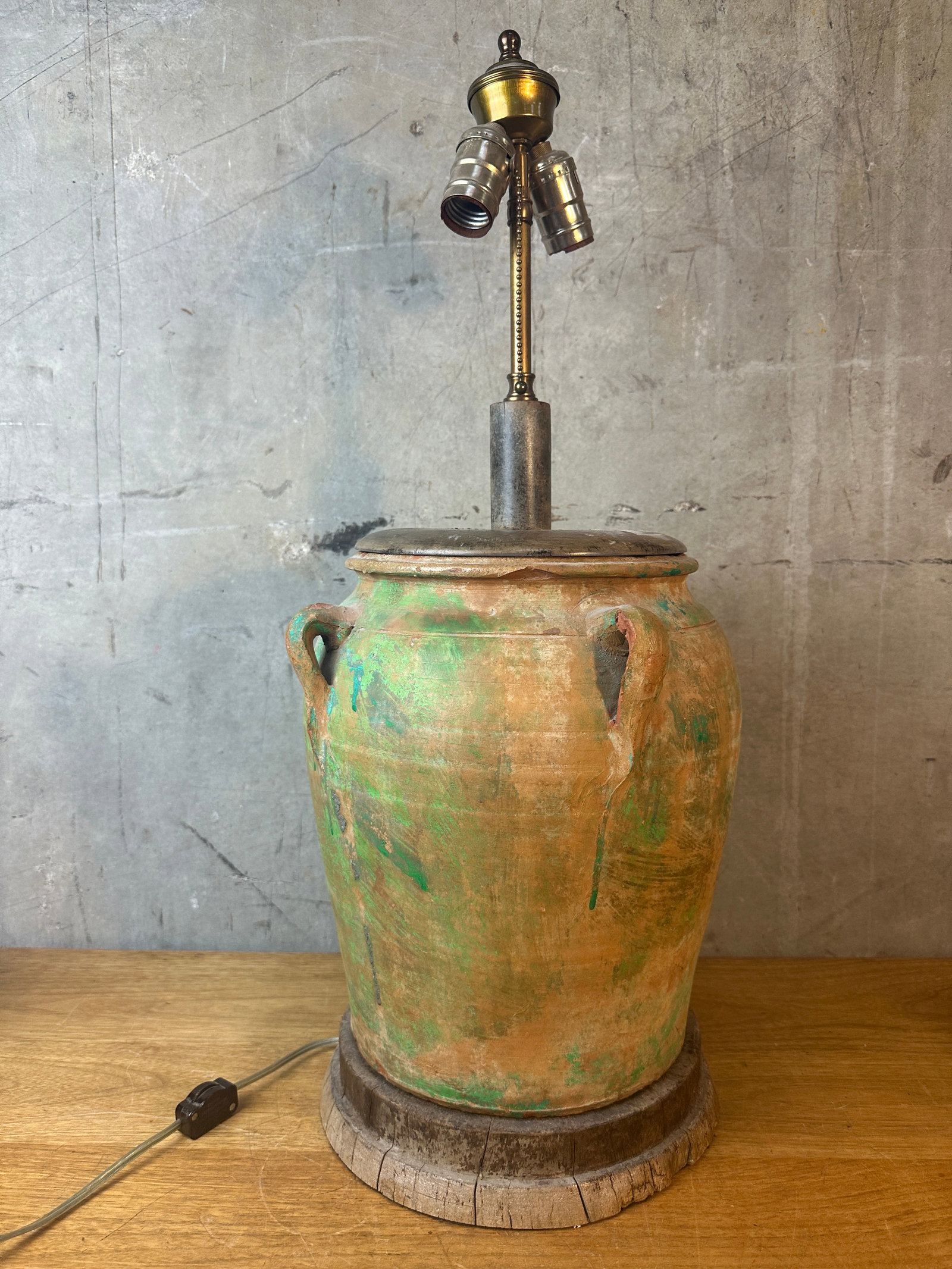 Vintage Rustic Terracotta Olive Jar Table Lamp Green Patina Wood Base - 4