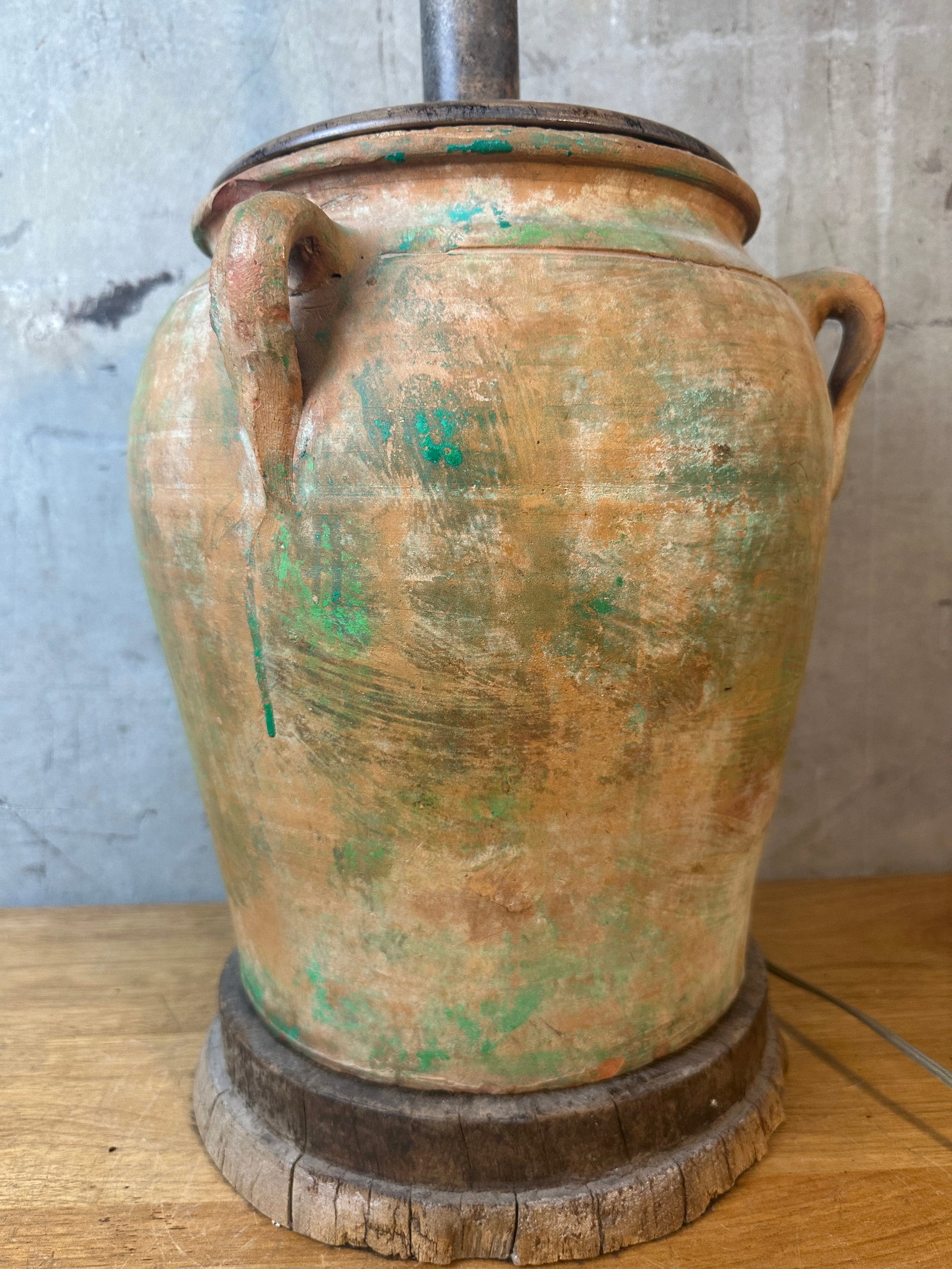 Vintage Rustic Terracotta Olive Jar Table Lamp Green Patina Wood Base - 5