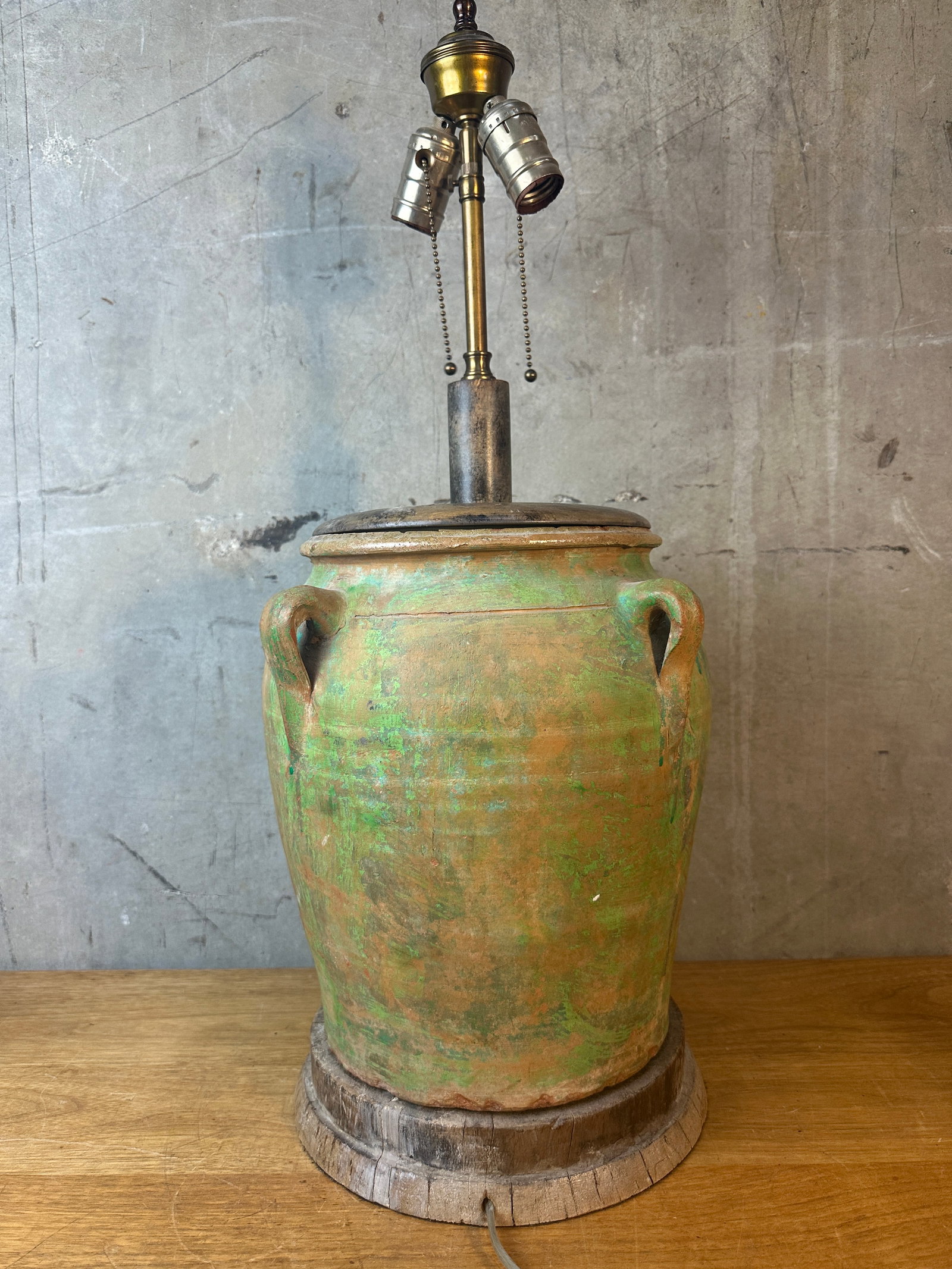 Vintage Rustic Terracotta Olive Jar Table Lamp Green Patina Wood Base - 6