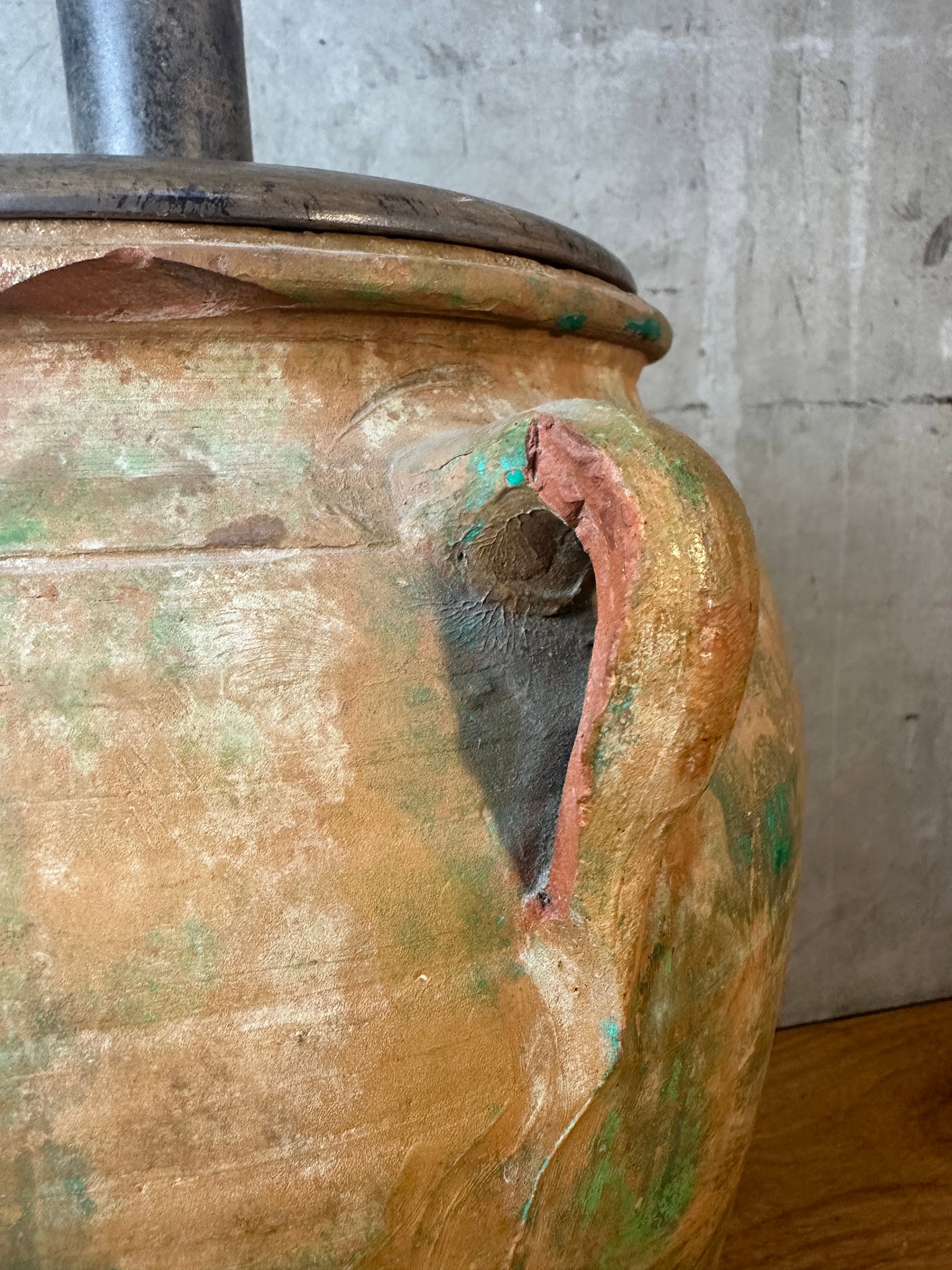 Vintage Rustic Terracotta Olive Jar Table Lamp Green Patina Wood Base - 8