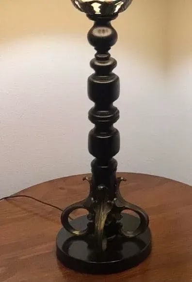 Stiffel 40" Walnut Barley Twist Lamp With Original Mottled Gold Mica Shade and Rare Genuine Blue M - 7