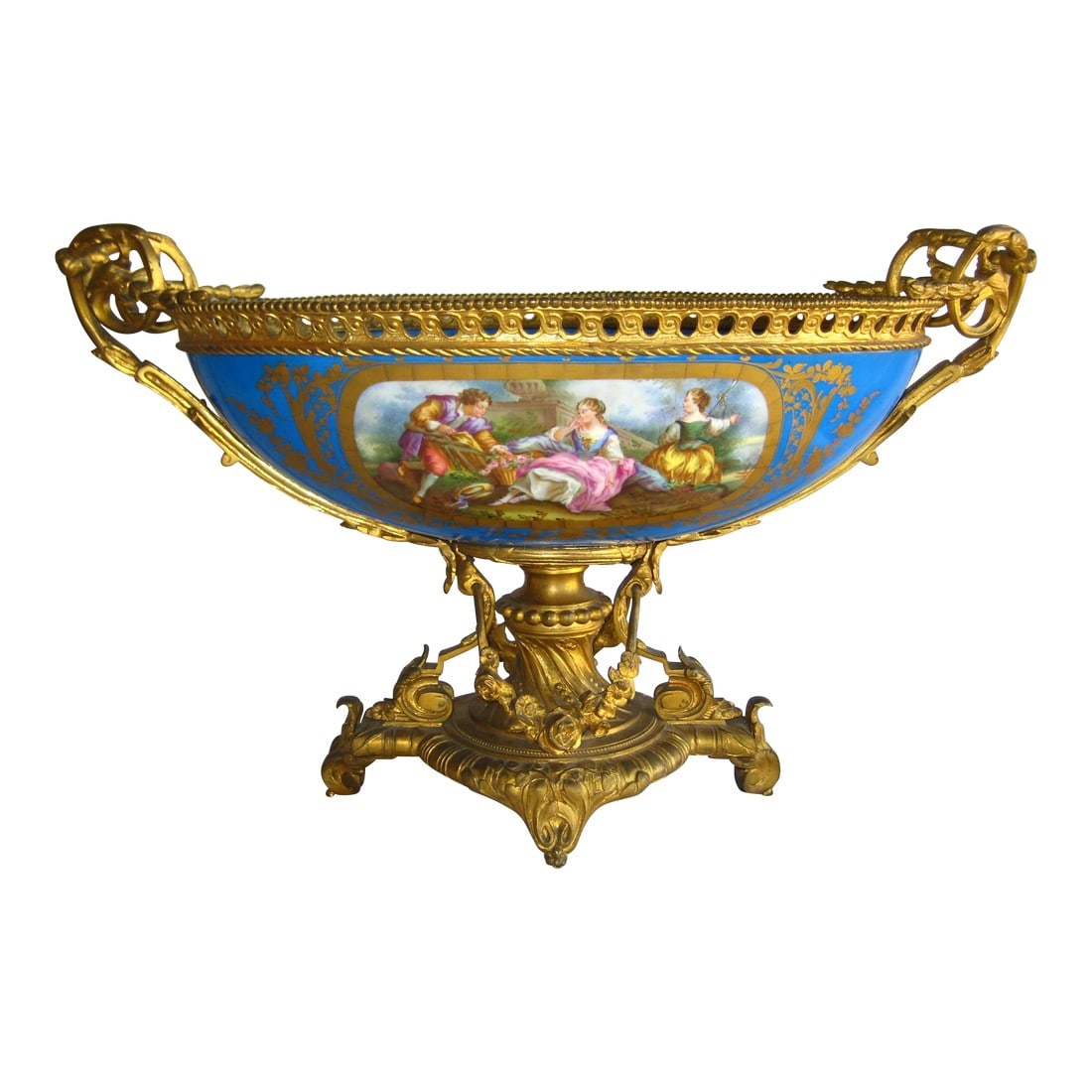 Mid 19th Century Sevres Style Napoleon III Bronze Mounted Center Piece: This center piece in Sèvres style porcelain is stunning , we had to liste it as Sèvres style as the bottom where the mark is , is not visible , you will find a double side decor , on one