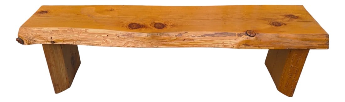 Rustic Live-Edge Knotty Pine Bench: Wonderful sturdy knotty pine bench! Condition: Alterations: Original Condition Unaltered Imperfections: Some Imperfections Condition Notes: Excellent condition Dimensions: Height: 18 in. Width: 66