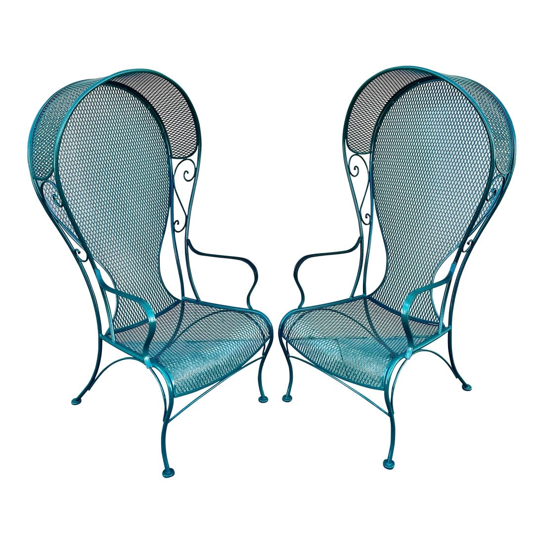 Exquisite Pair of Woodard Chairs Circa 1960s: These fabulous 1960s Woodard umbrella chairs can be used indoors or outdoors. The emerald green patina has recently been added to give them a fresh perspective, They are extremely comfortable in