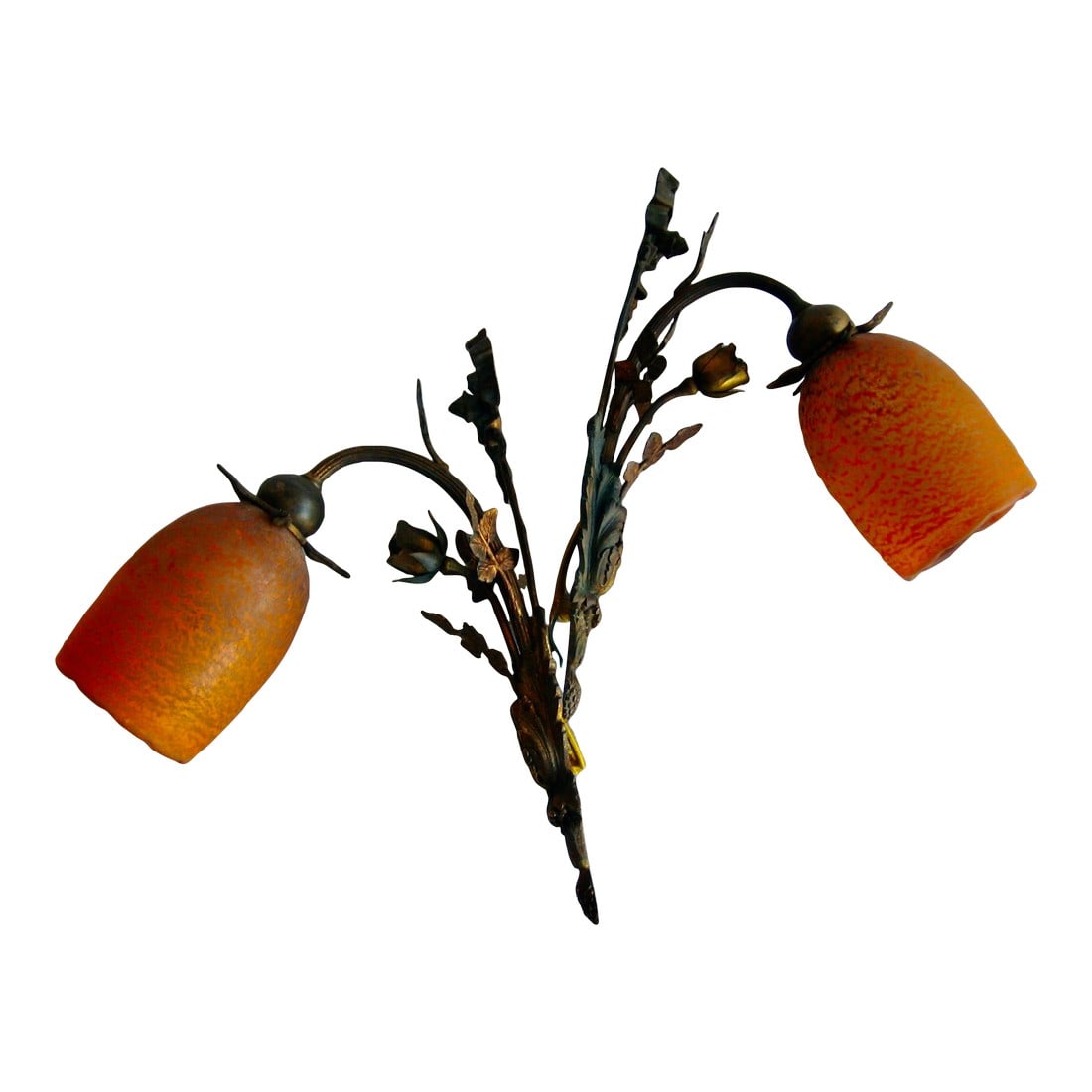 Early 20th Century French Art Nouveau Floral Pair Sconces - a Pair: A pair of gilt metallic sconces in the shape of roses with glass shade , lovely for sure the details in on the leaves and the roses is very realistic also in relief so it does give a wonderful