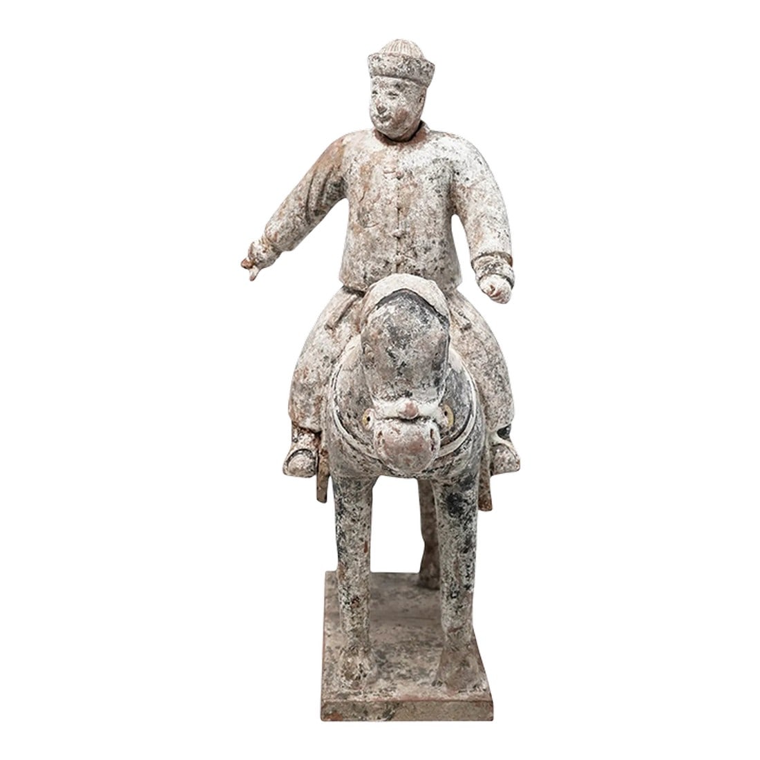 Chinese Tang Dynasty Earthenware Horse and Rider Tomb Figure (Mingqi), 618-907ad: A compelling and sculpturally expressive Chinese Tang dynasty earthenware figure depicting a mounted rider, created as a funerary object (mingqi) during one of China's most artistically vibrant