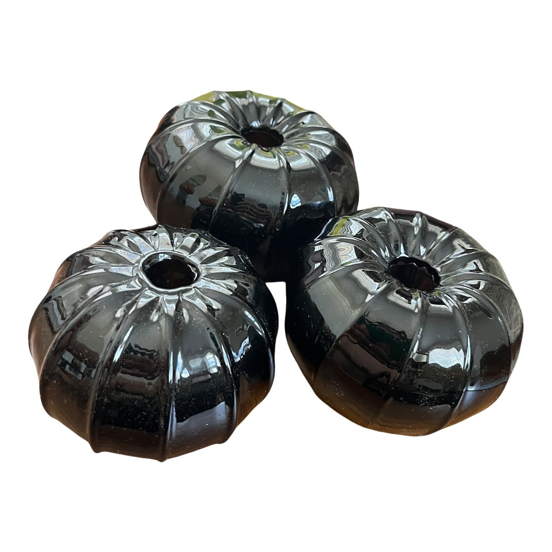 Set of 3 Vintage Smoked Black Glass Sea Urchin Bud Vases – Hand-Blown Sculptural Ribbed Forms,: A striking trio of vintage hand-blown smoked glass bud vases in sculptural sea urchin–inspired forms"”organic, textural, and quietly dramatic. An elevated nod to the sea"”subtle,