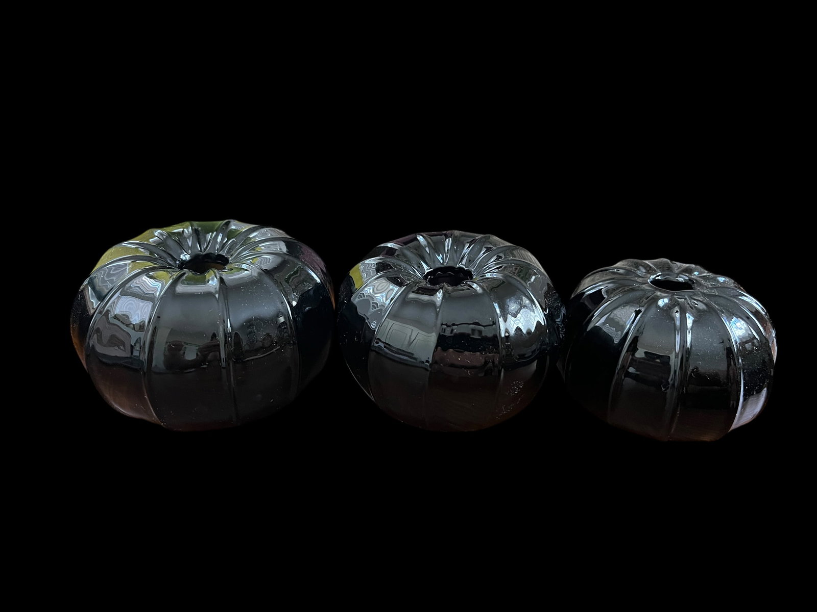 Set of 3 Vintage Smoked Black Glass Sea Urchin Bud Vases – Hand-Blown Sculptural Ribbed Forms, - 2