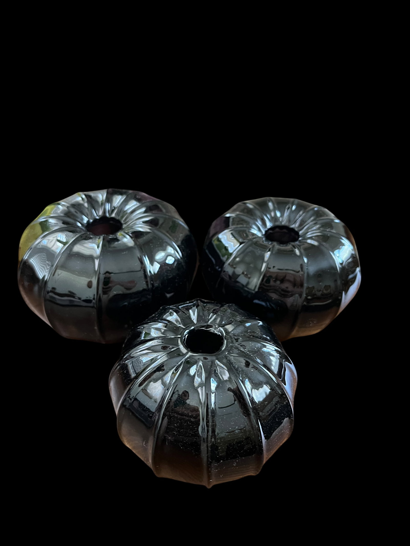 Set of 3 Vintage Smoked Black Glass Sea Urchin Bud Vases – Hand-Blown Sculptural Ribbed Forms, - 3
