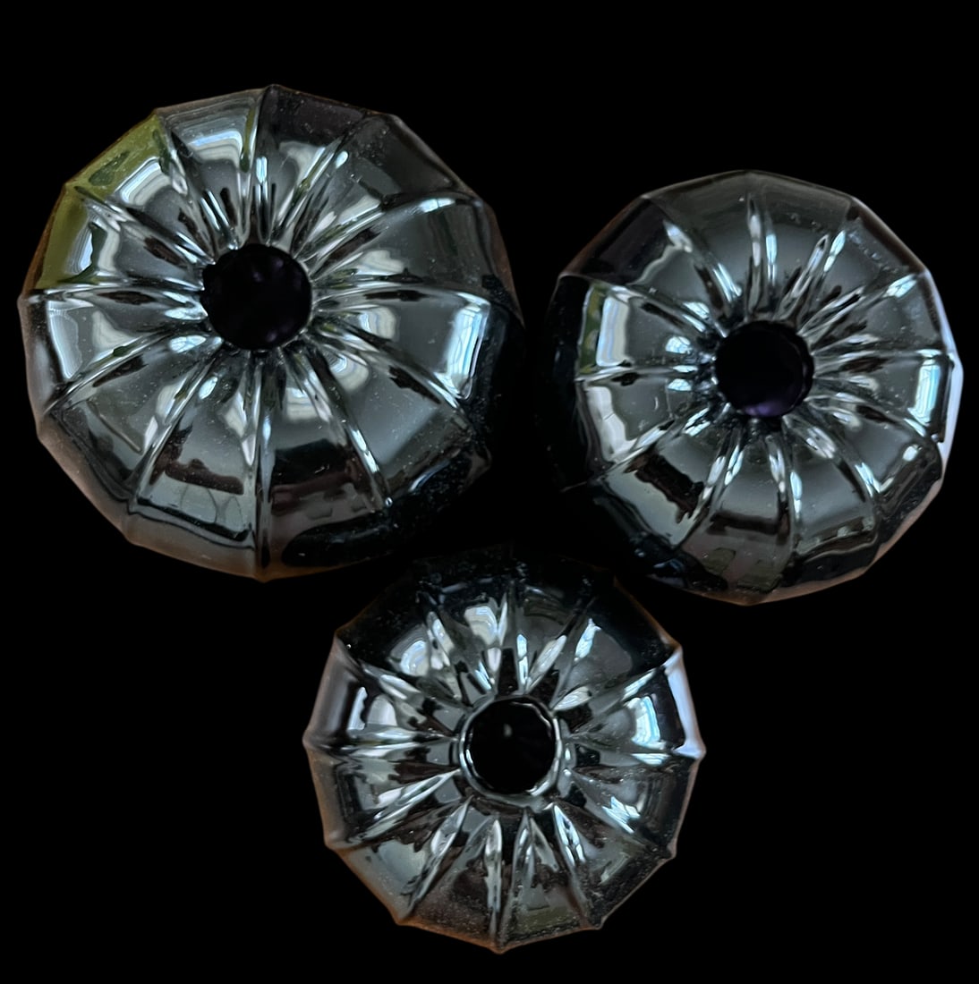 Set of 3 Vintage Smoked Black Glass Sea Urchin Bud Vases – Hand-Blown Sculptural Ribbed Forms, - 4
