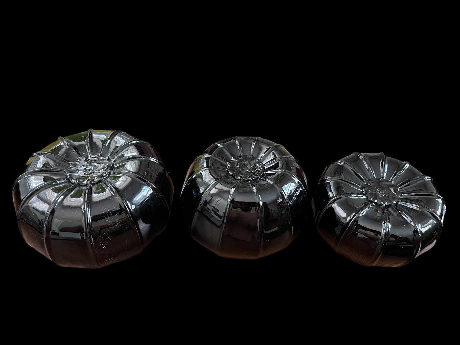 Set of 3 Vintage Smoked Black Glass Sea Urchin Bud Vases – Hand-Blown Sculptural Ribbed Forms, - 6