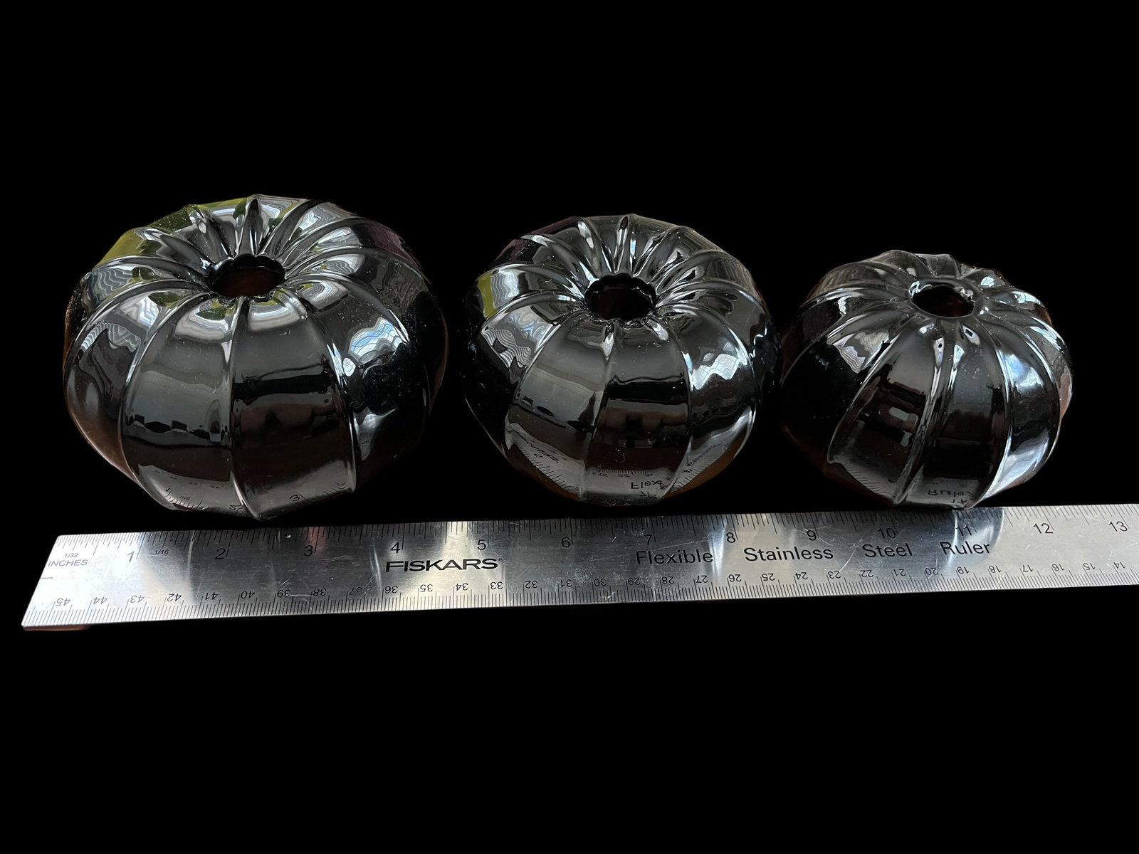 Set of 3 Vintage Smoked Black Glass Sea Urchin Bud Vases – Hand-Blown Sculptural Ribbed Forms, - 7