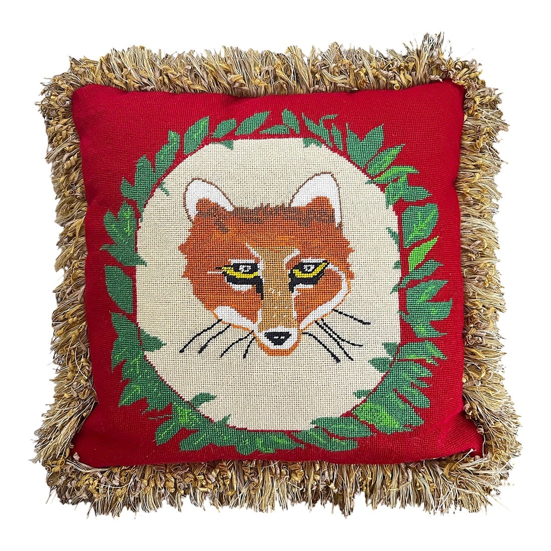 Custom Needlepoint Fox Hunt Pillow With Designer Fringe 18"x18"– English Country House / Ralph: A charming and character-rich vintage needlepoint pillow featuring a fox portrait framed by a leafy wreath, set against a bold crimson ground and finished with a substantial golden tassel fringe. The