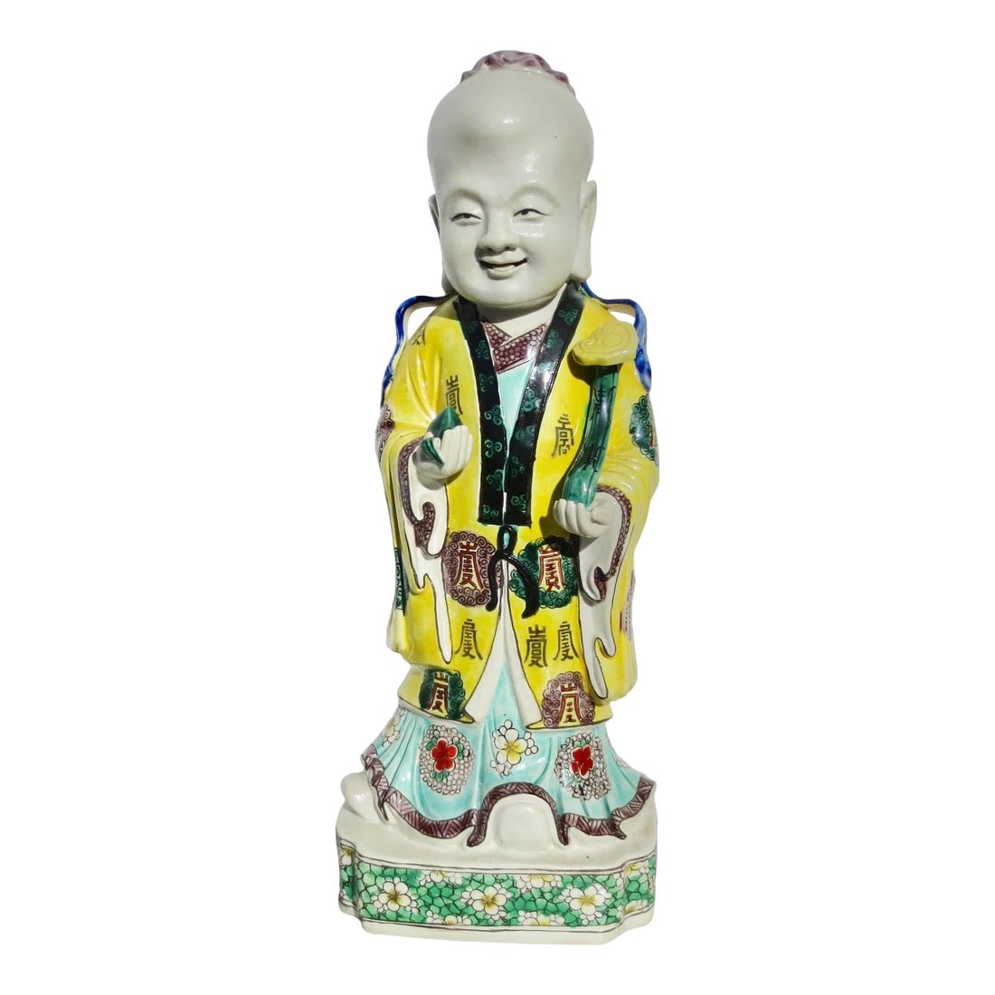 Chinese Porcelain Shoulao, the God of Longevity Circa 1960s: Shoulao, the God of Longevity, Chinese porcelain, It is decorated in the famille rose palette with various symbols and floral patterns. A happy Buddha recognized by the large head and bulbous