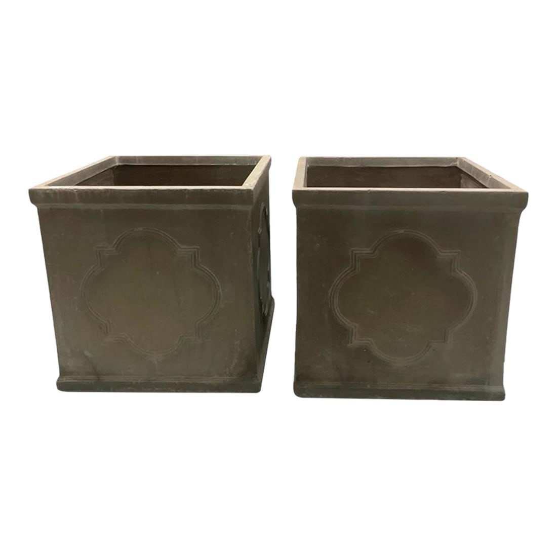 Pair of Vintage Neoclassical Style Faux-Stone Resin Square Planters: Add a touch of timeless architectural elegance to your garden, patio, or interior with this handsome pair of vintage square planters. Crafted from high-quality resin with a convincing weathered stone 